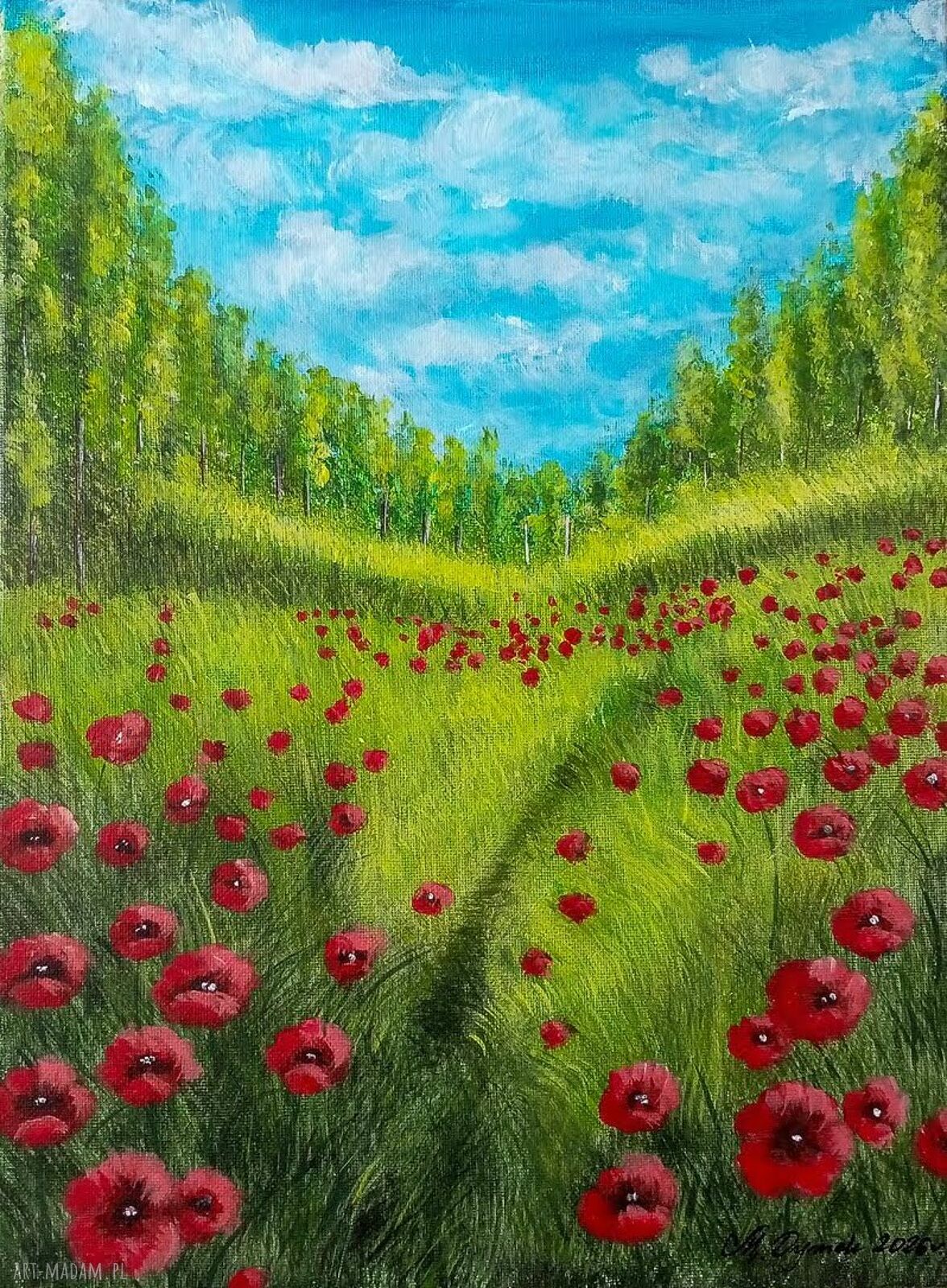 Pejzaż akrylowy 40x30 cm „Wśród karminowych maków” - ręcznie malowany na płótnie
