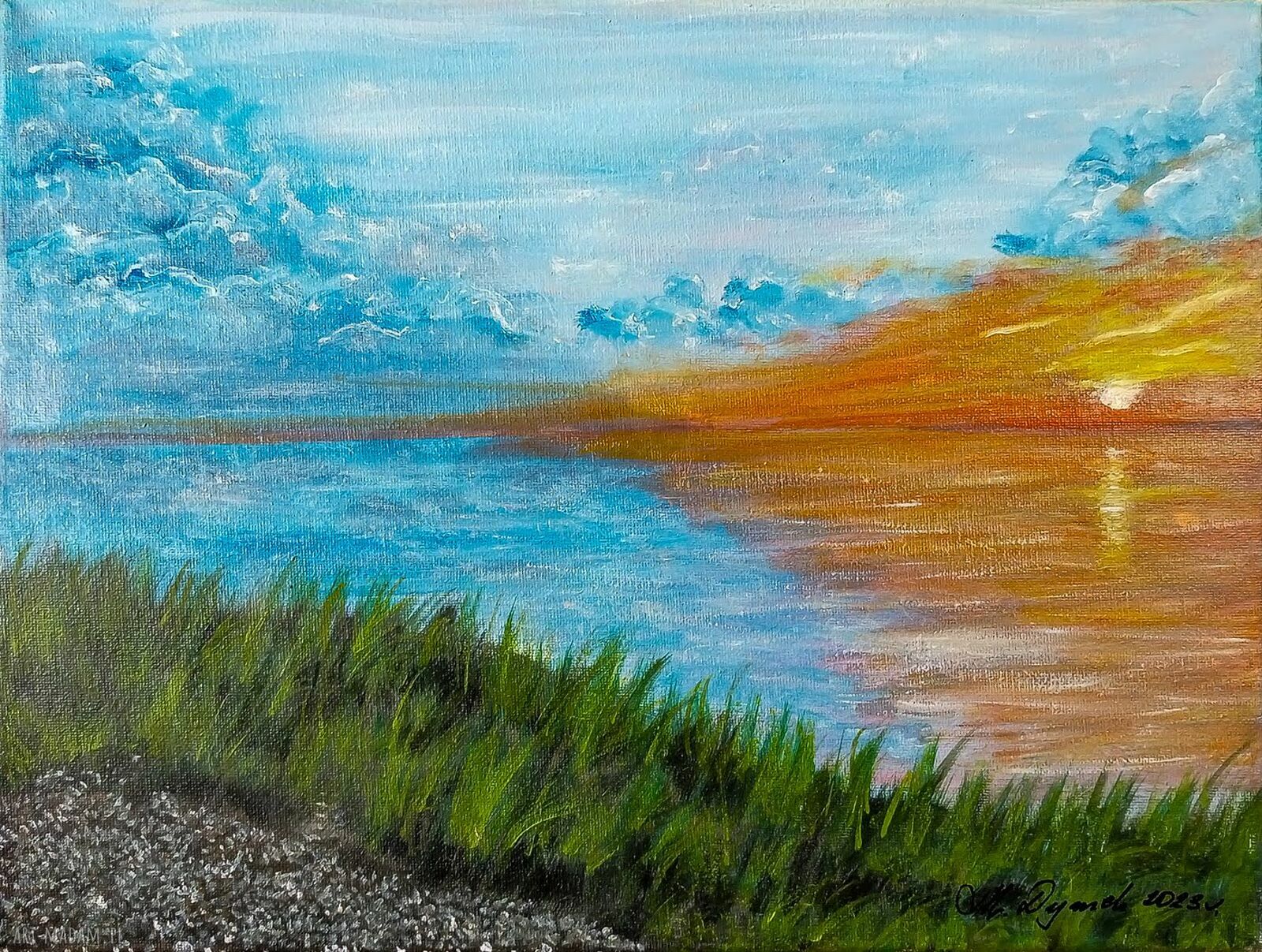 Nastrojowy pejzaż „Złociste odbicie” - obraz akrylowy na płótnie 30x40 cm