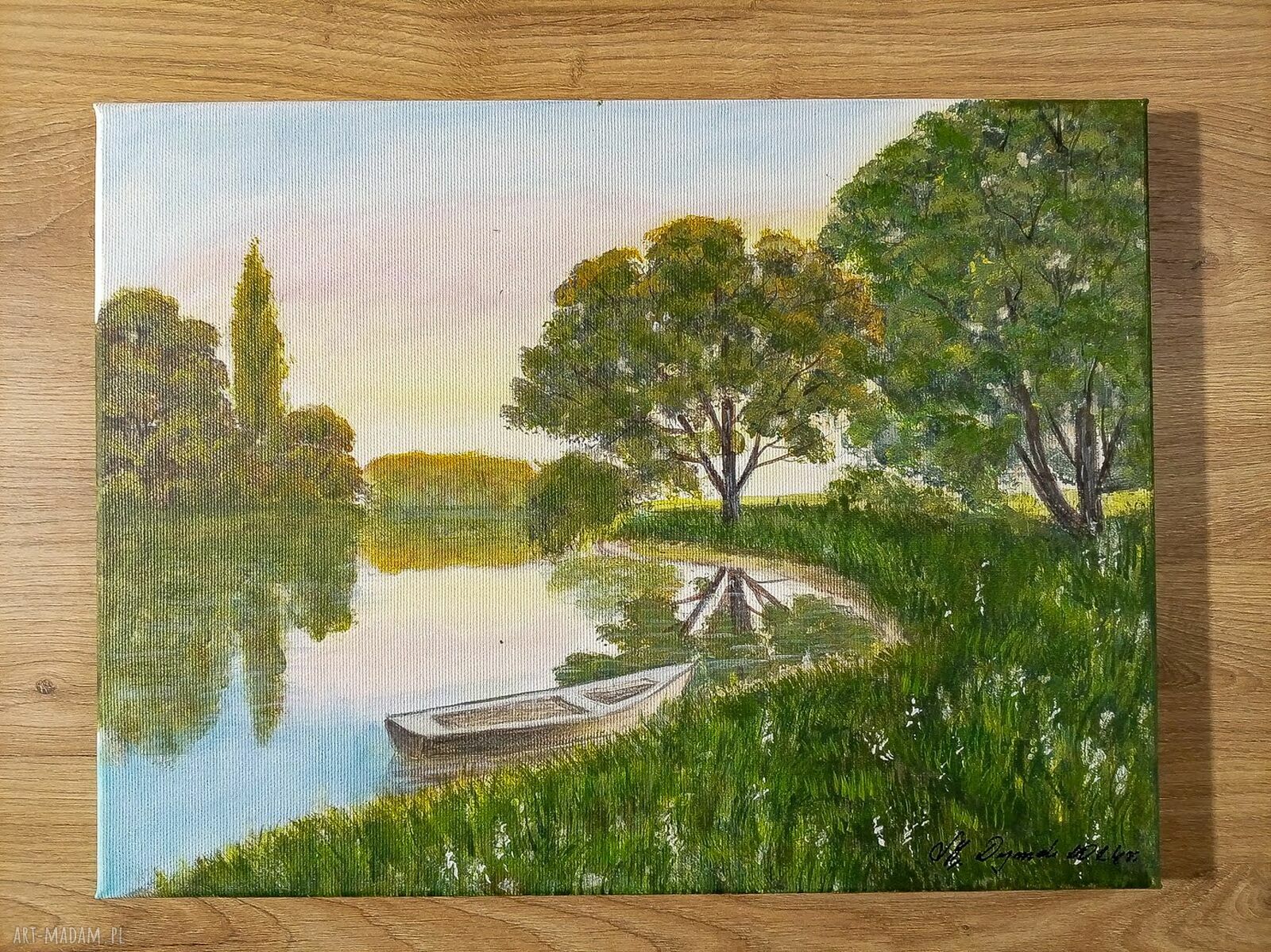 Nastrojowy pejzaż akrylowy „Cicha przystań” 30x40 cm na płótnie
