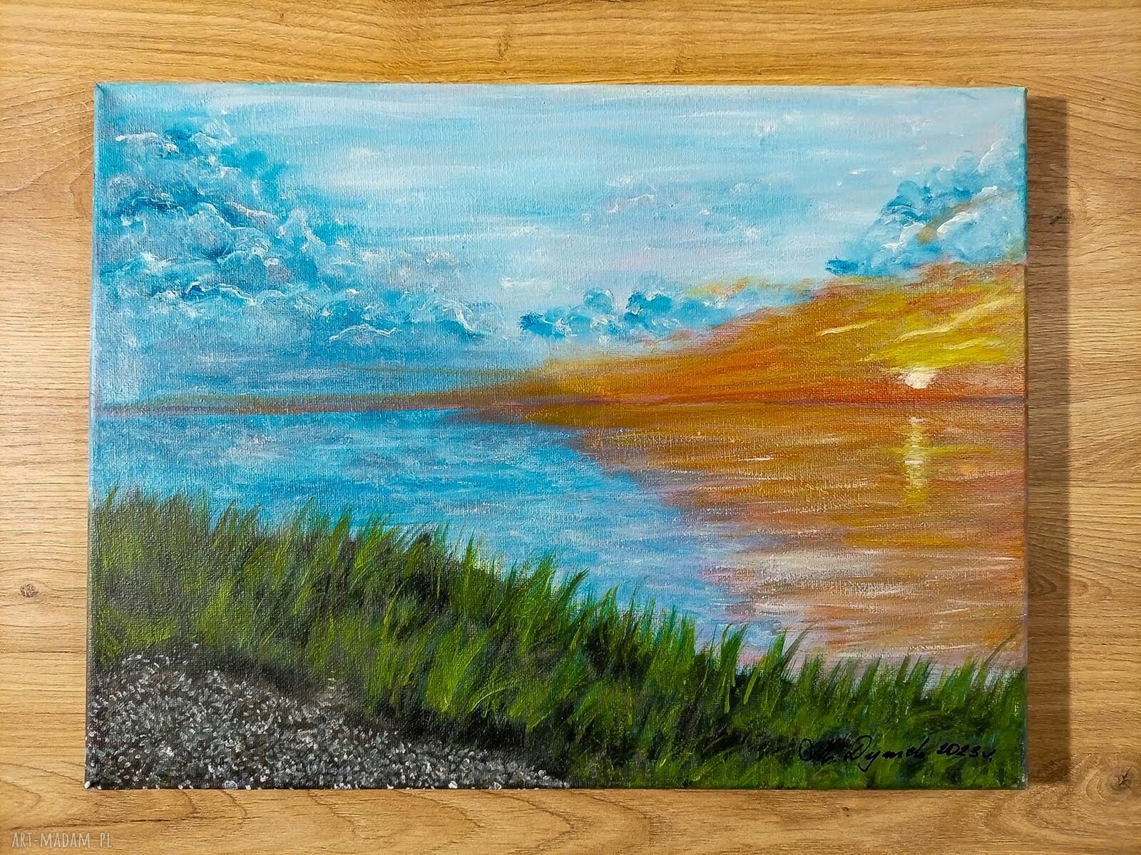 Nastrojowy pejzaż „Złociste odbicie” - obraz akrylowy na płótnie 30x40 cm