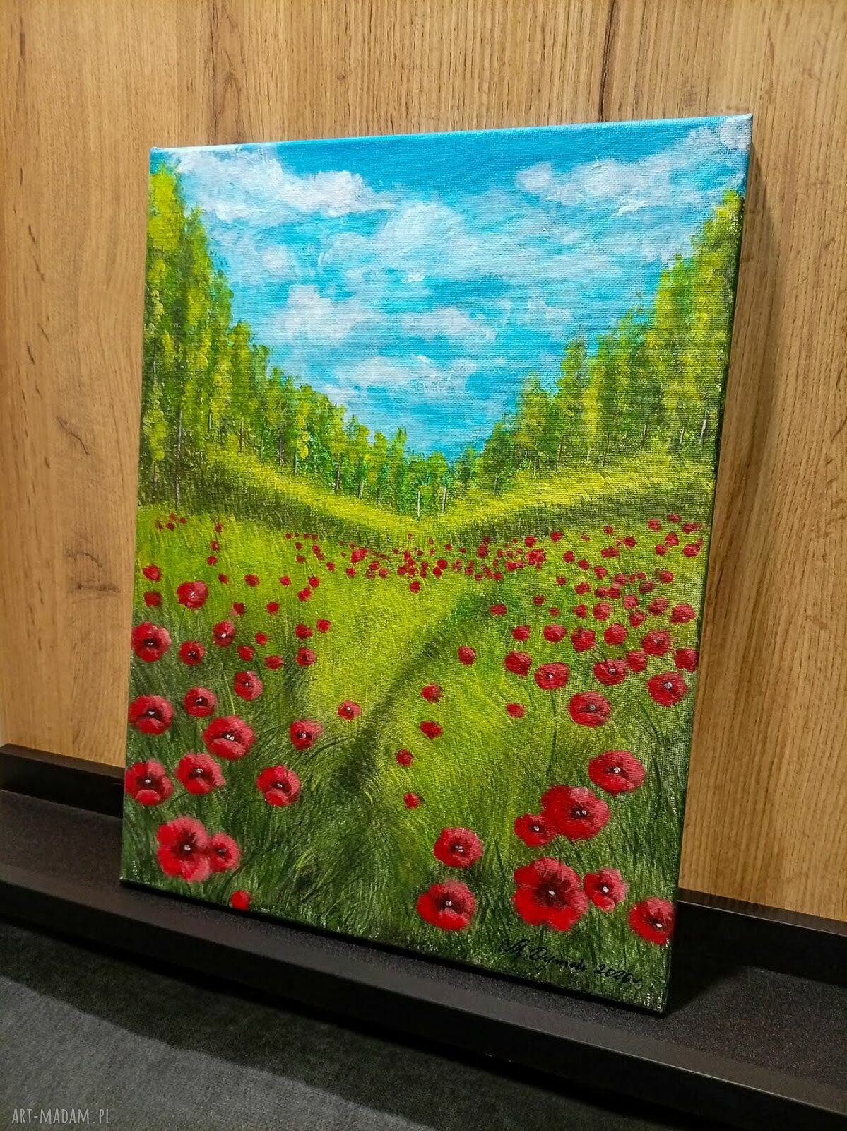 Pejzaż akrylowy 40x30 cm „Wśród karminowych maków” - ręcznie malowany na płótnie