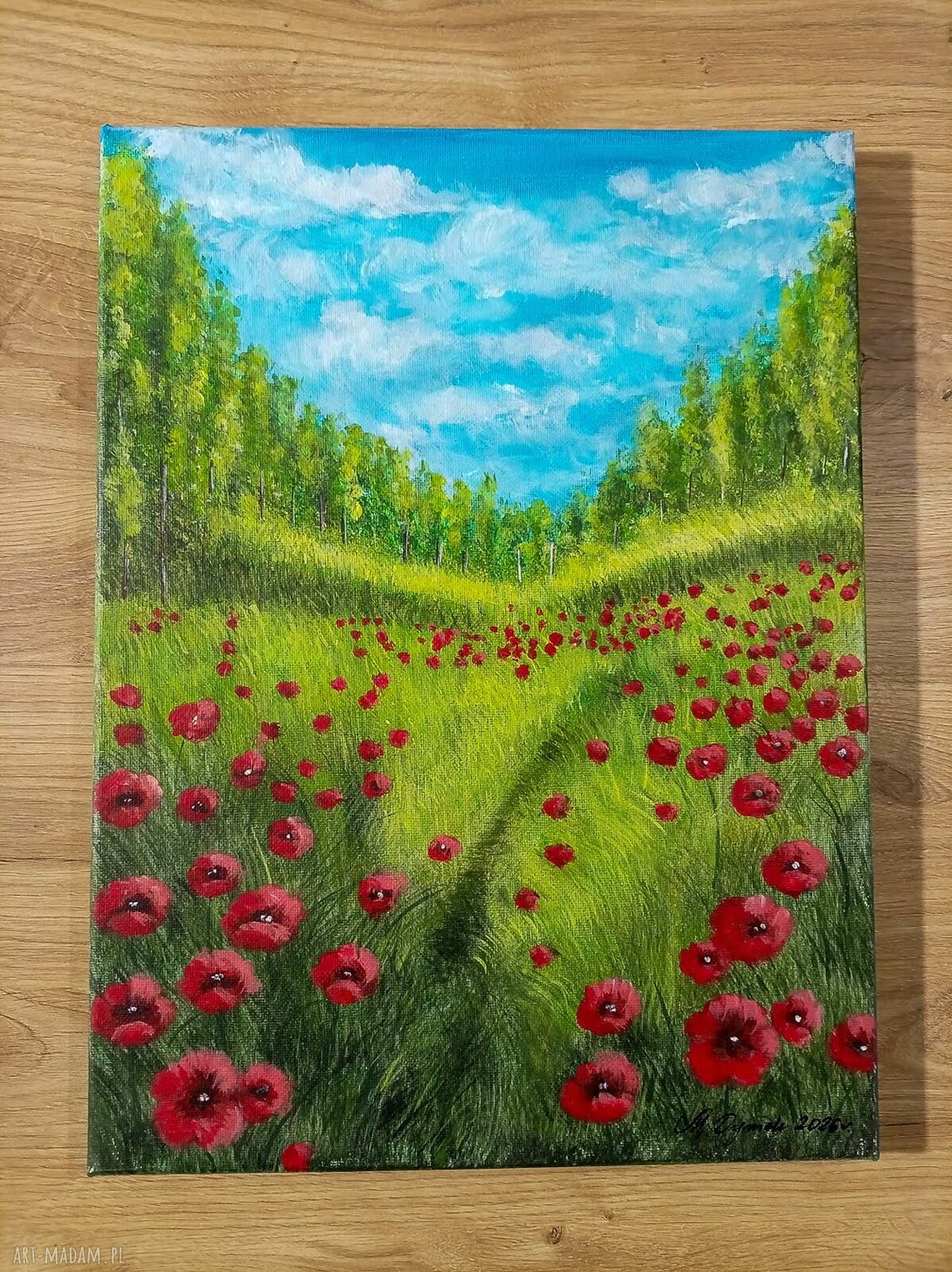 Pejzaż akrylowy 40x30 cm „Wśród karminowych maków” - ręcznie malowany na płótnie