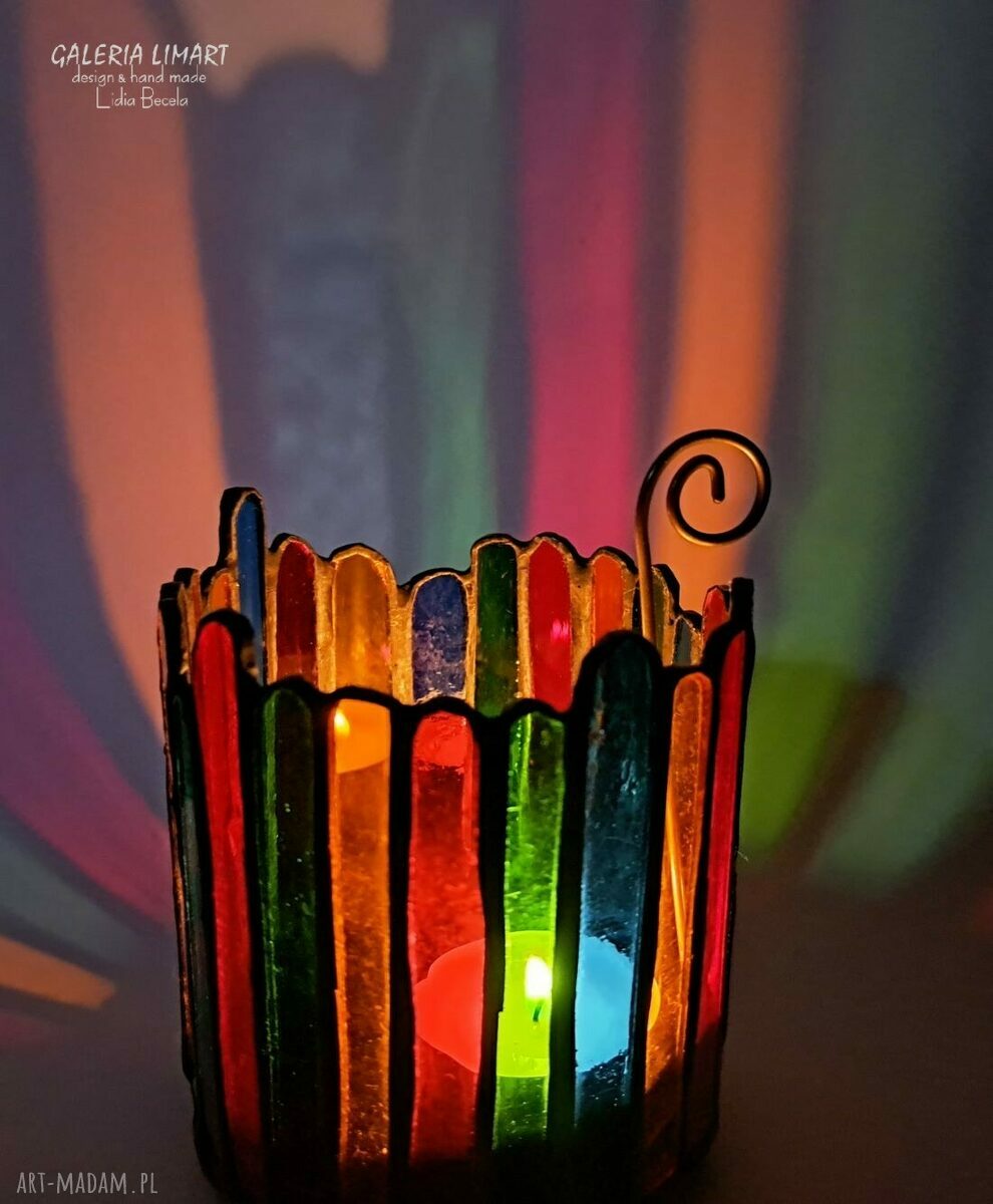 Nastrojowy świecznik-lampion ręcznie robiony - Tiffany z katedralnego szkła (unikat)