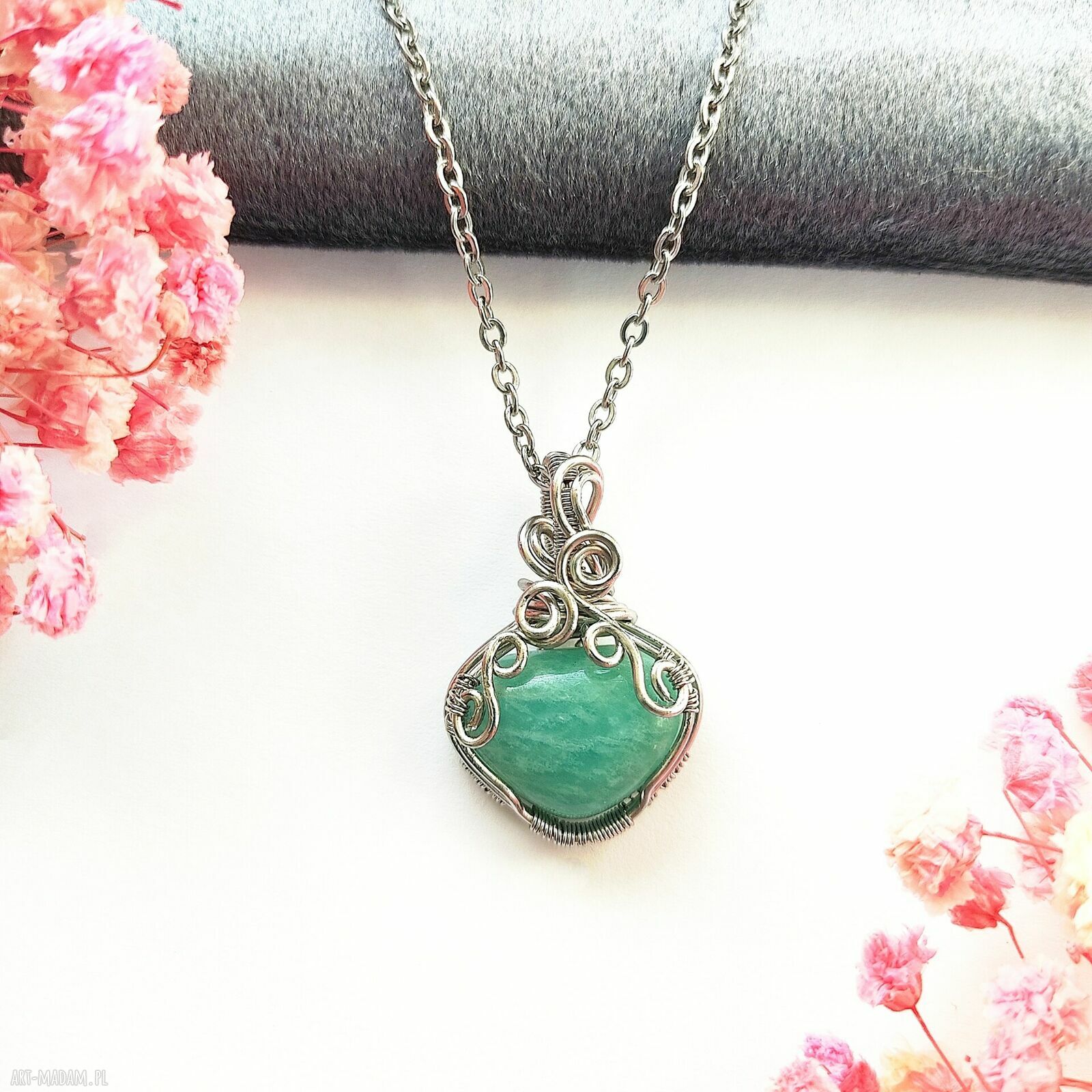 Naszyjnik z amazonitem na stali chirurgicznej - ręcznie robiony wire wrapping