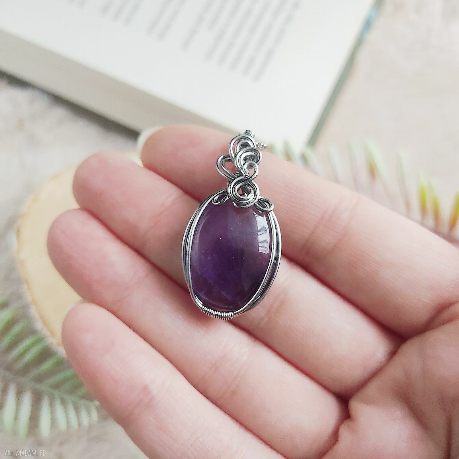 Naszyjnik Ametyst ze stali chirurgicznej - handmade wire wrapping