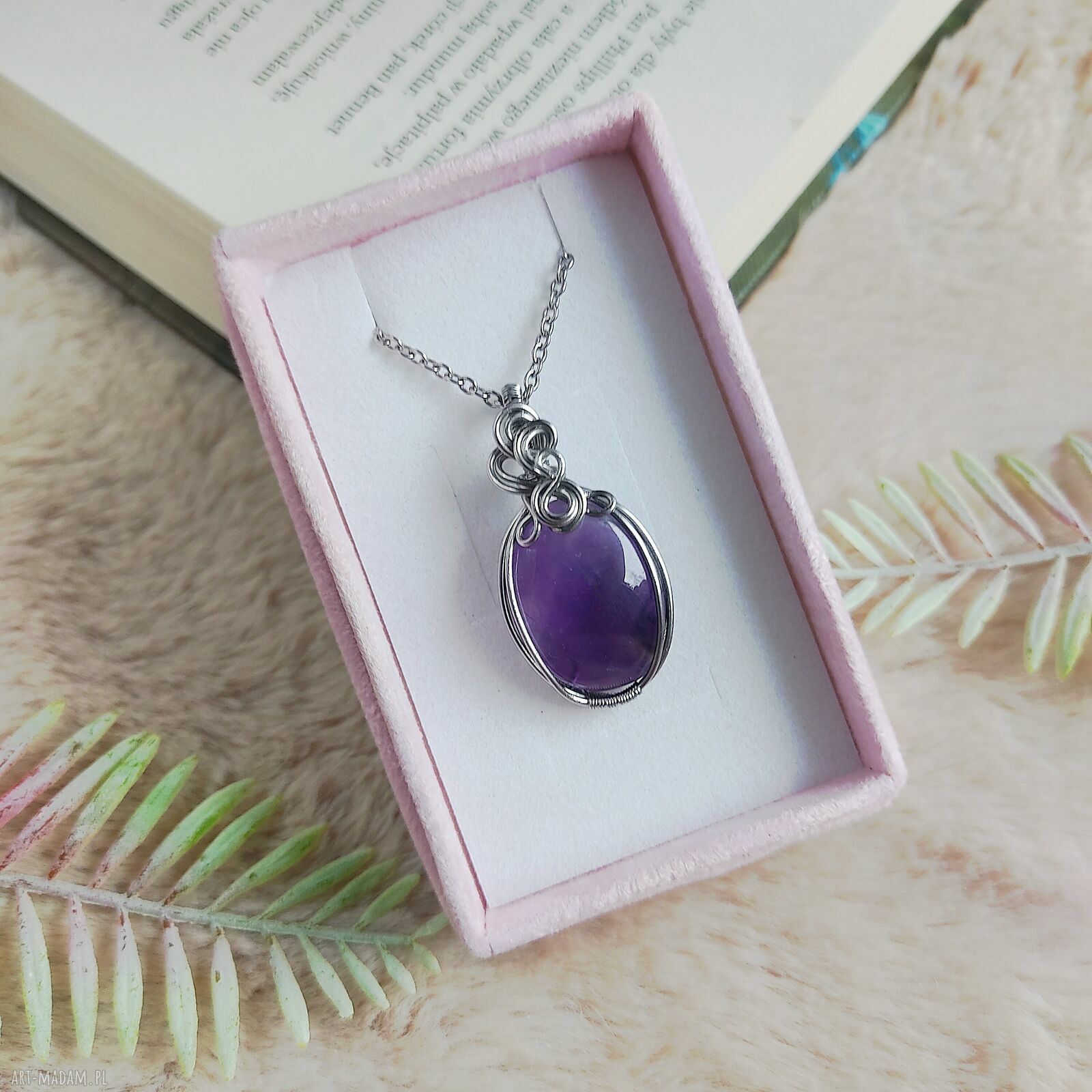 Naszyjnik Ametyst ze stali chirurgicznej - handmade wire wrapping
