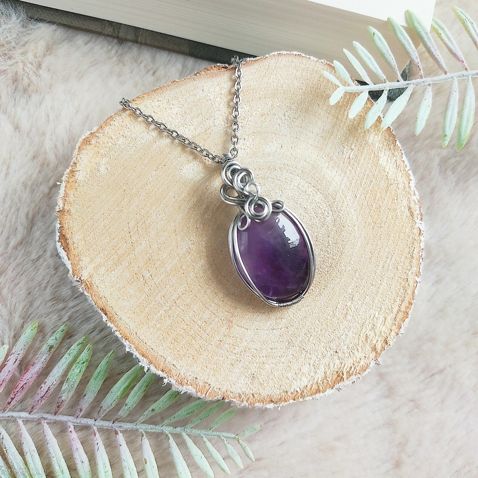 Naszyjnik Ametyst ze stali chirurgicznej - handmade wire wrapping