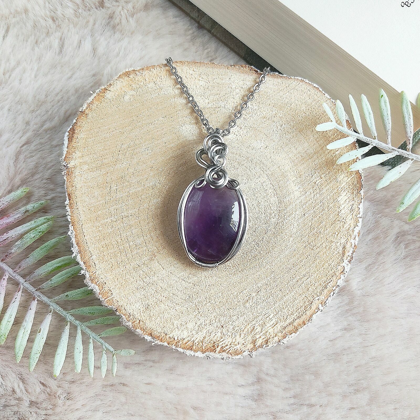 Naszyjnik Ametyst ze stali chirurgicznej - handmade wire wrapping