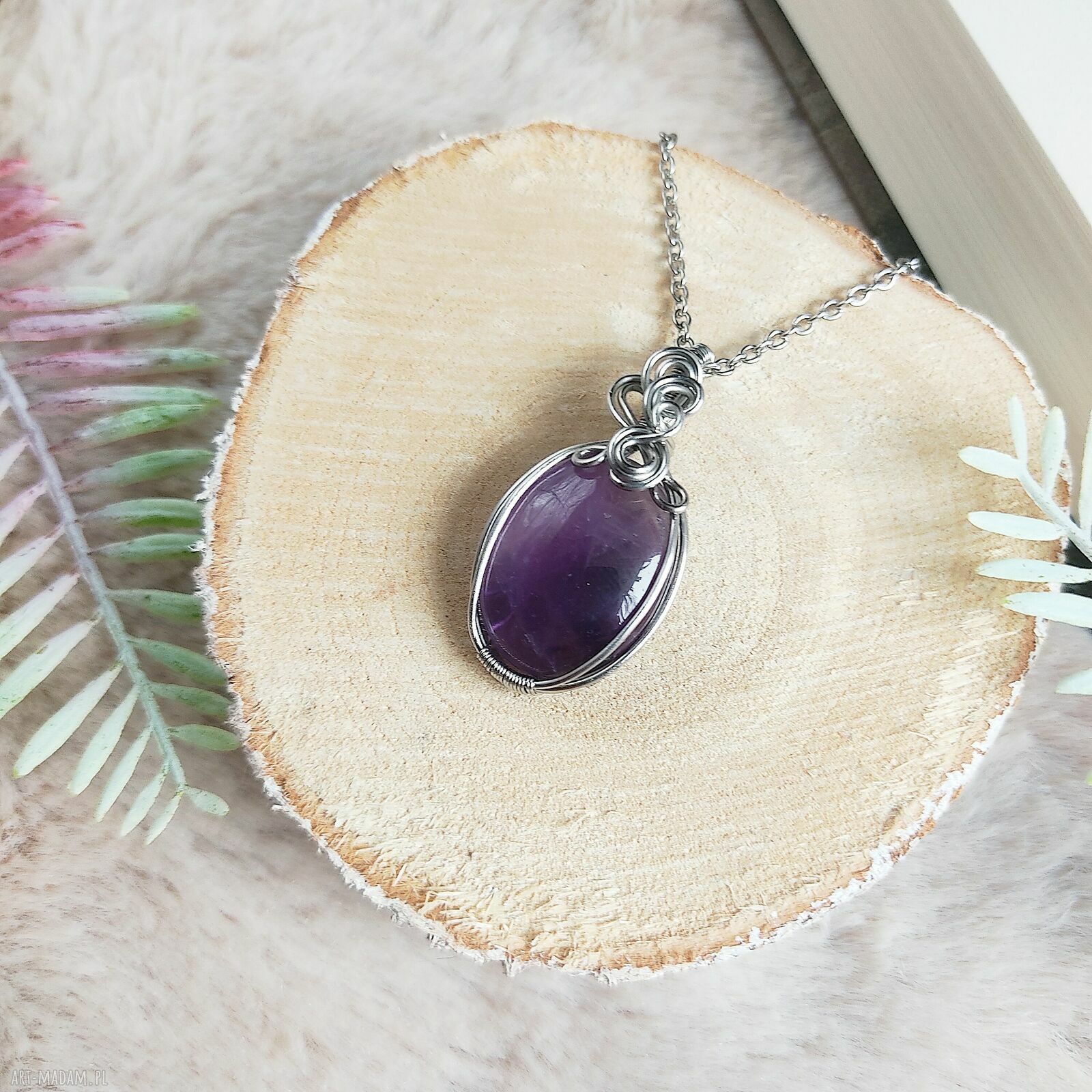 Naszyjnik Ametyst ze stali chirurgicznej - handmade wire wrapping