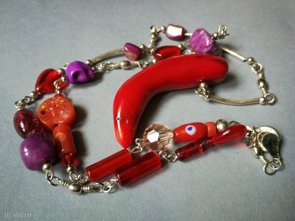 Naszyjnik asymetryczny z koralem - boho etno, handmade dla kobiet
