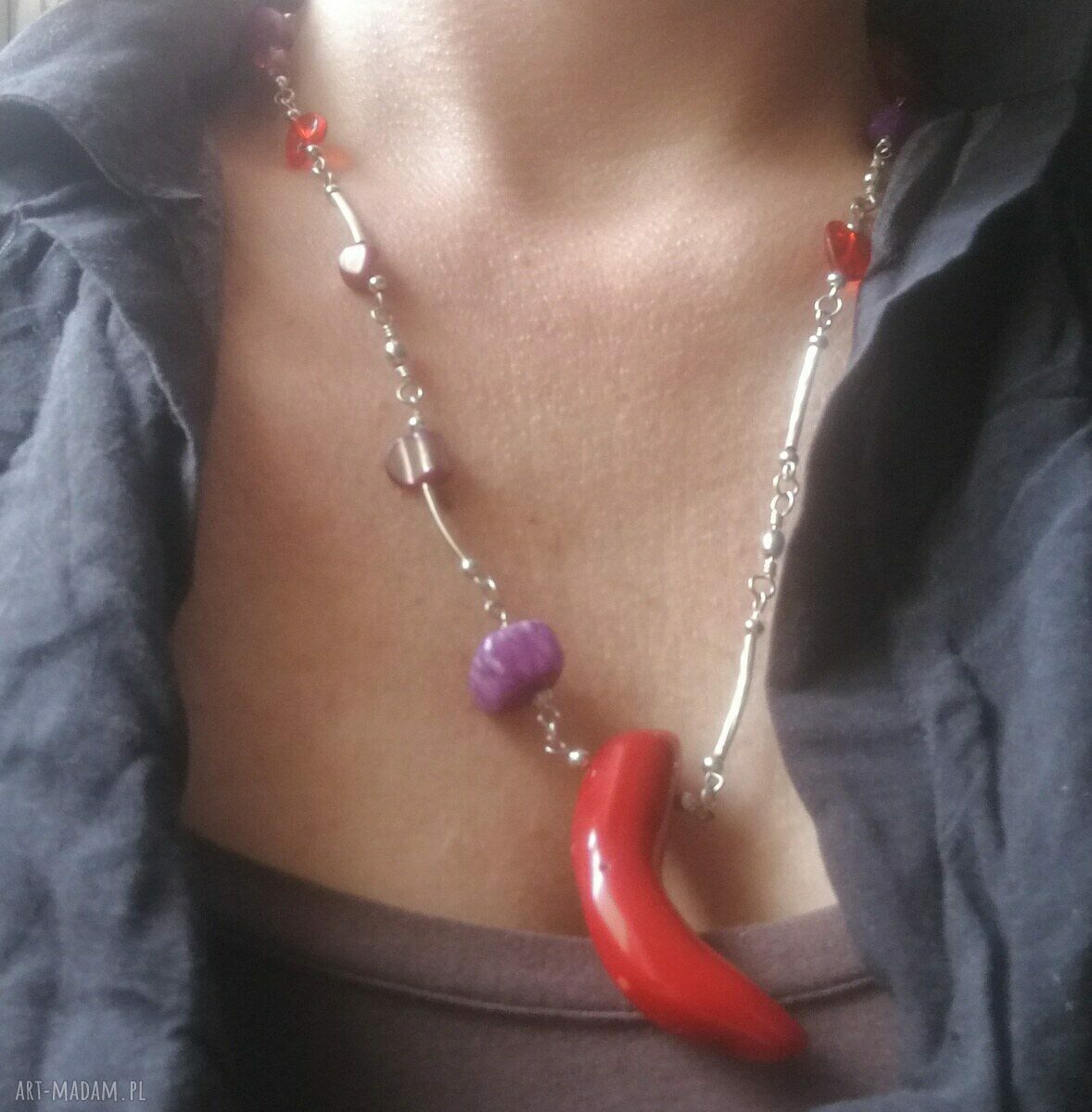 Naszyjnik asymetryczny z koralem - boho etno, handmade dla kobiet