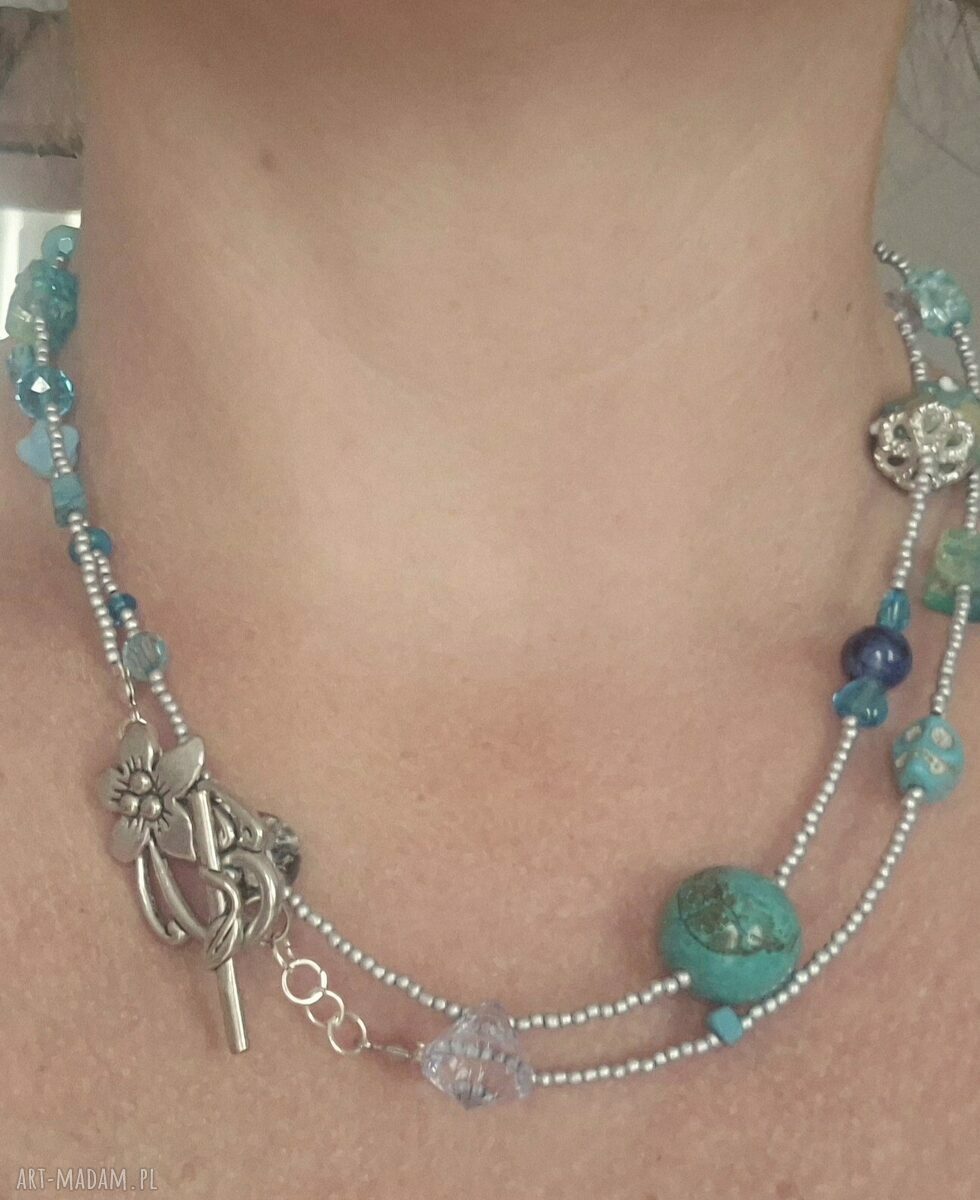 Duży naszyjnik boho w turkusie i niebieskim - folk etno, 96 cm