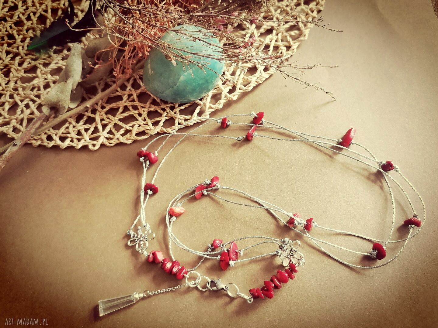 Naszyjnik boho z koralem - damski folk etno