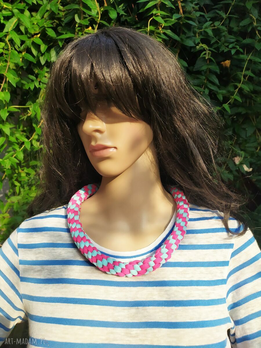 Naszyjnik boho pleciony z taśmy bawełnianej - niebiesko-różowy Lucky Hat