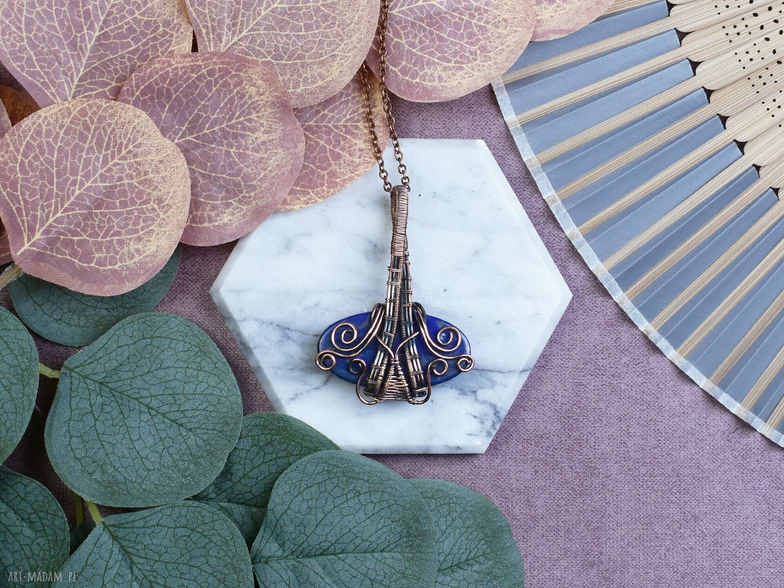 Miedziany wisiorek boho z wire wrapping ręcznie robiony na prezent
