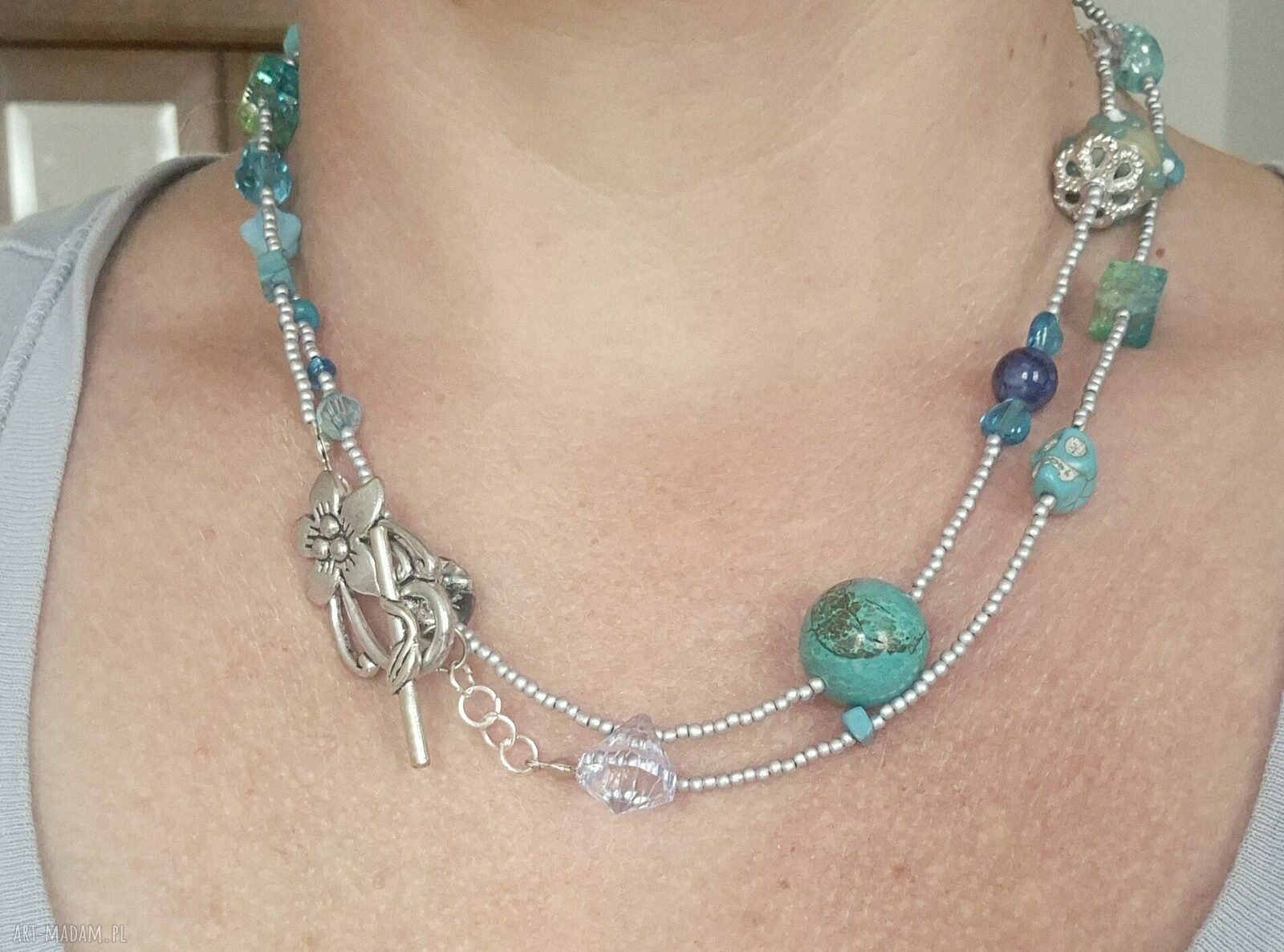 Duży naszyjnik boho w turkusie i niebieskim - folk etno, 96 cm