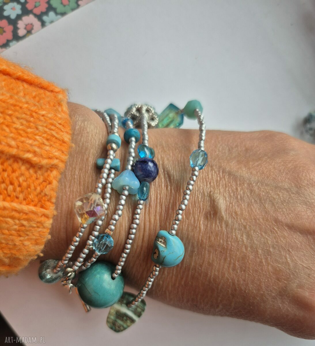 Duży naszyjnik boho w turkusie i niebieskim - folk etno, 96 cm