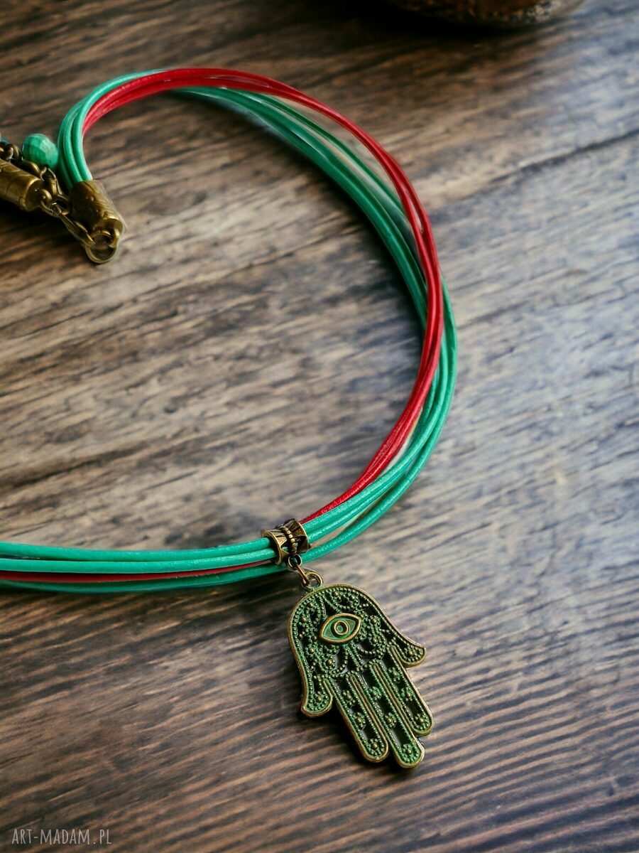 Naszyjnik i bransoletka 2w1 Hamsa ze skóry naturalnej