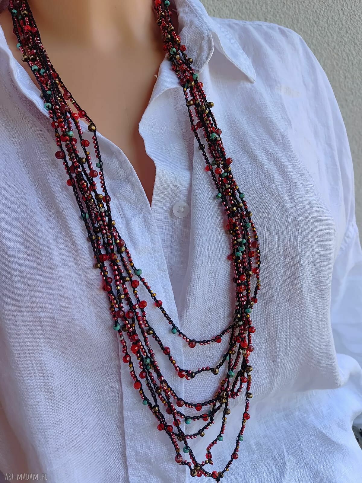 Naszyjnik i bransoletka z koralików szklanych - czerwienie, czerń i turkus w boho wydaniu