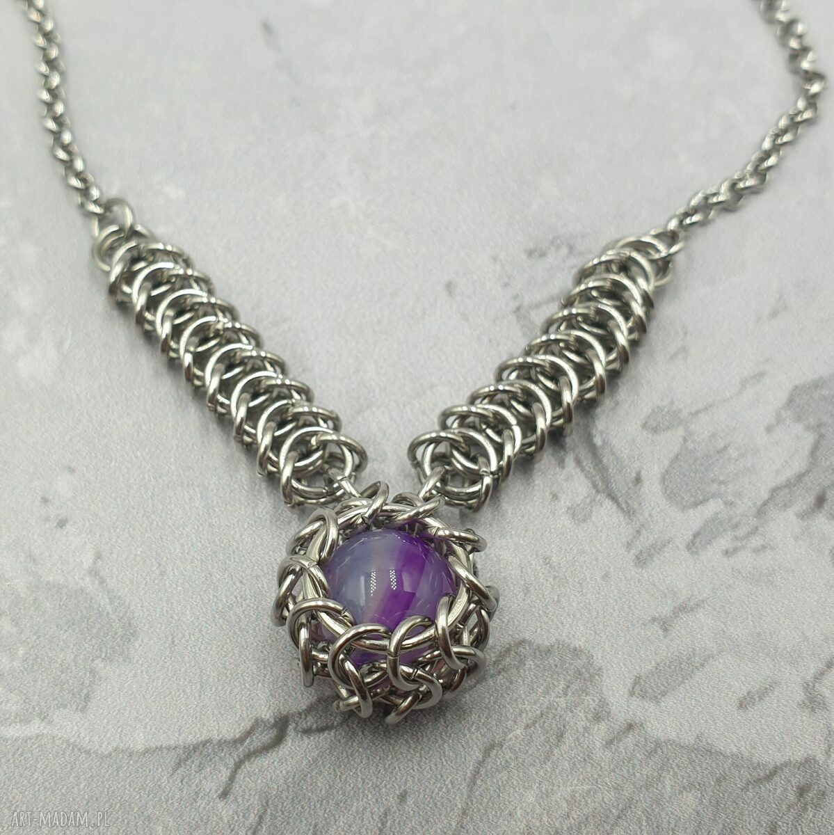 Naszyjnik chainmaille z agatem (fiolet) - stal szlachetna - Omnis Lapis