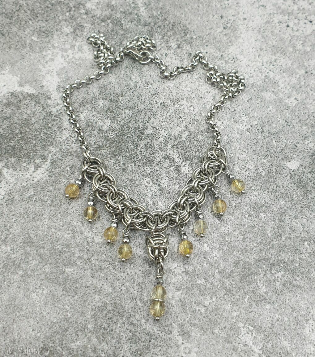 Naszyjnik chainmaille z kwarcem cytrynowym i hematytem