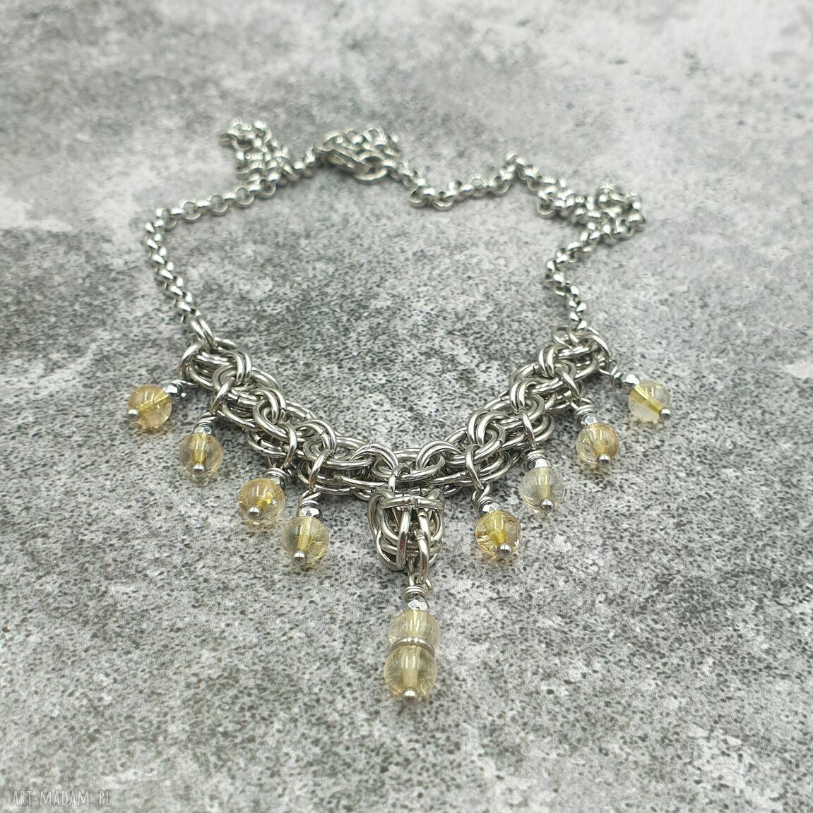 Naszyjnik chainmaille z kwarcem cytrynowym i hematytem