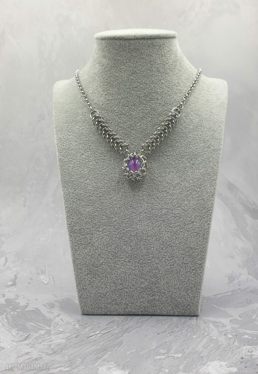 Naszyjnik chainmaille z agatem fiolet - stal szlachetna - Omnis Lapis