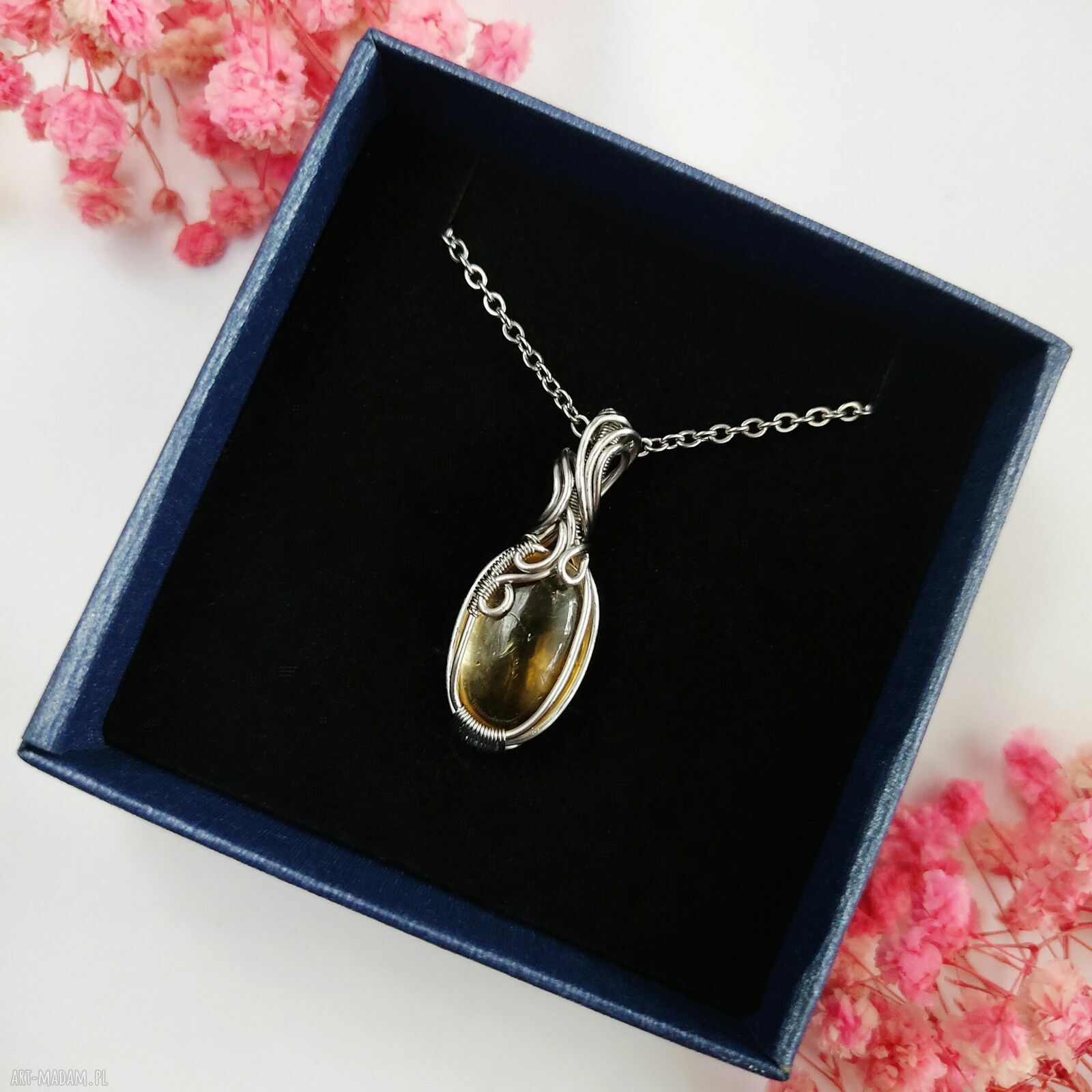 Naszyjnik z cytrynem ze stali chirurgicznej - wire wrapping