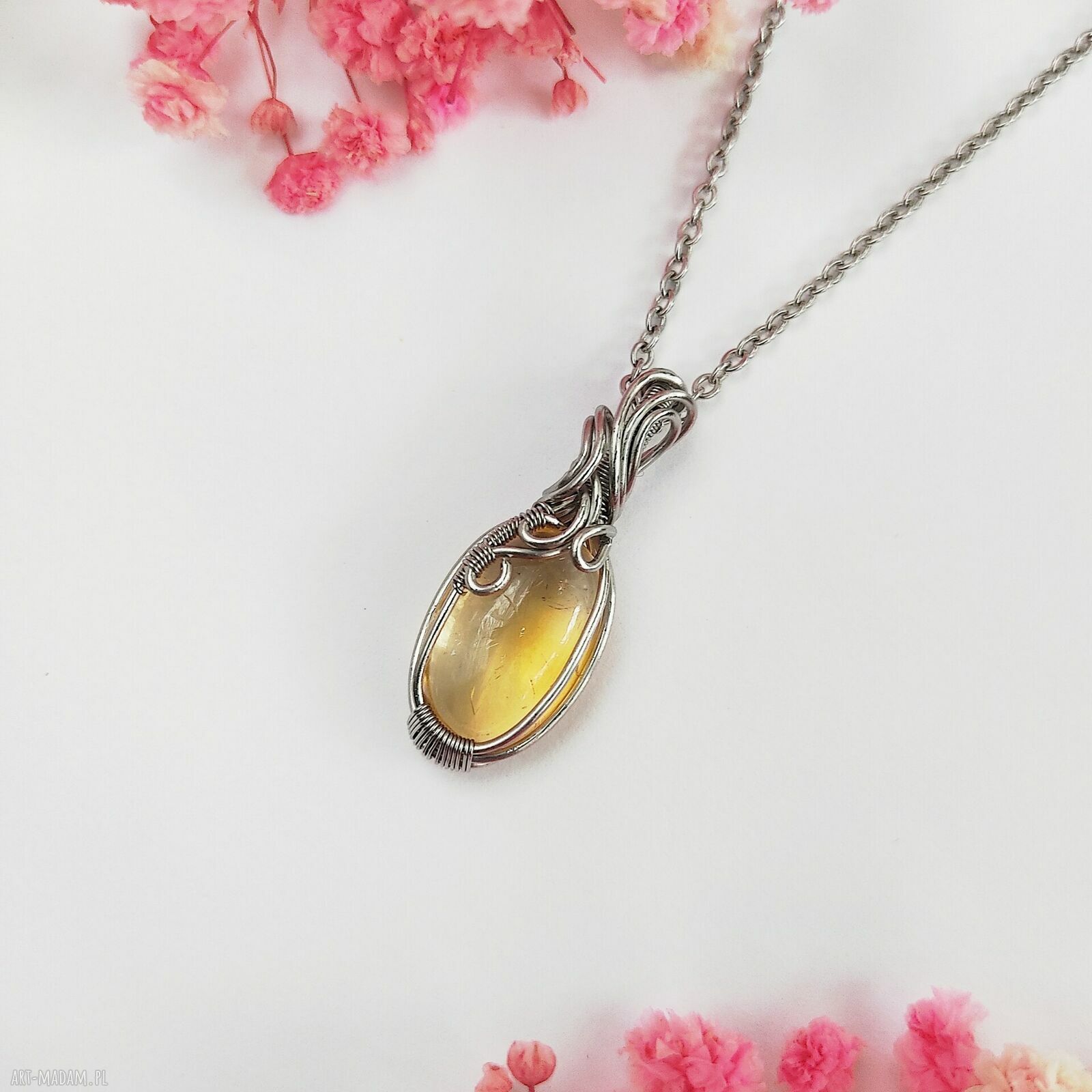 Naszyjnik z cytrynem ze stali chirurgicznej - wire wrapping