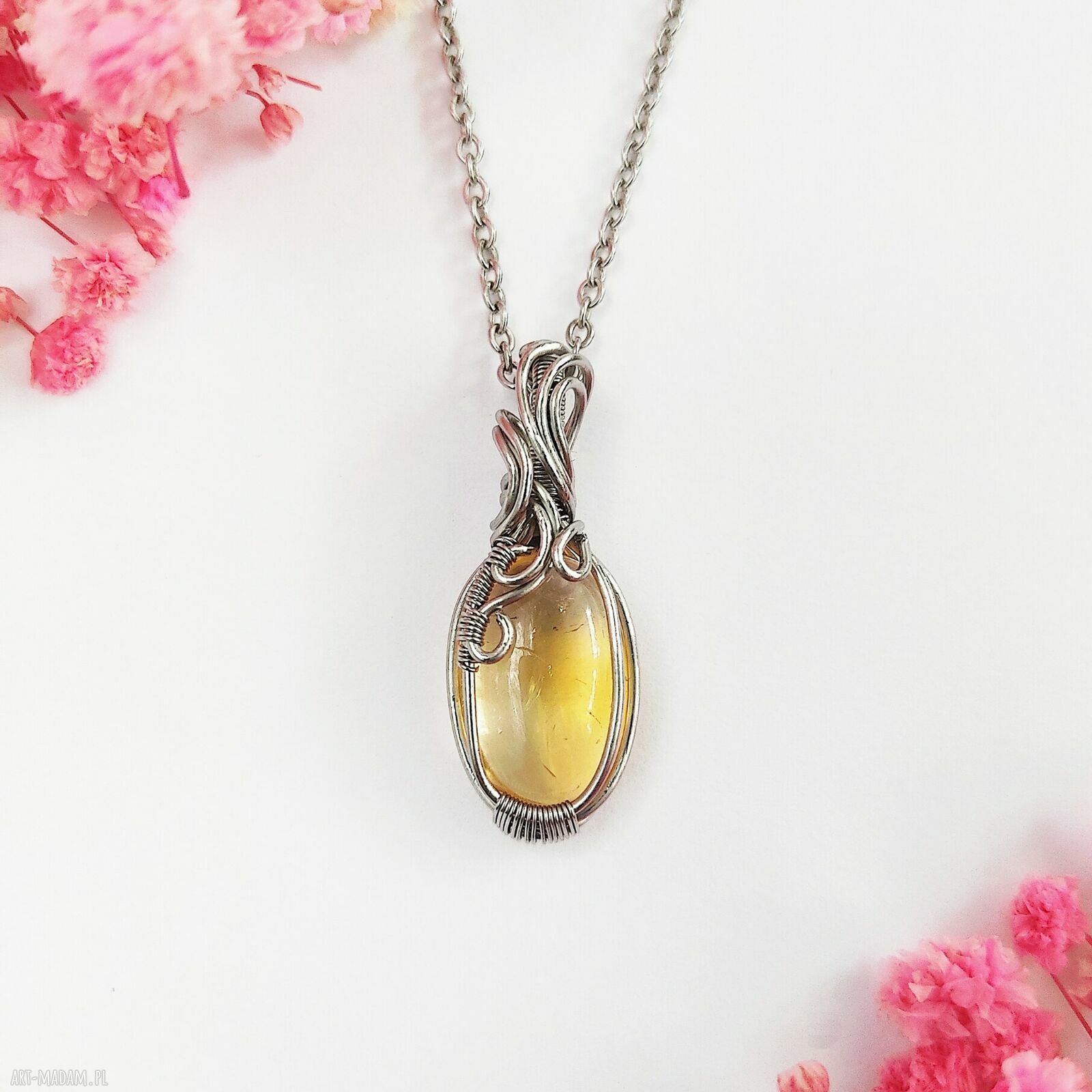 Naszyjnik z cytrynem ze stali chirurgicznej - wire wrapping