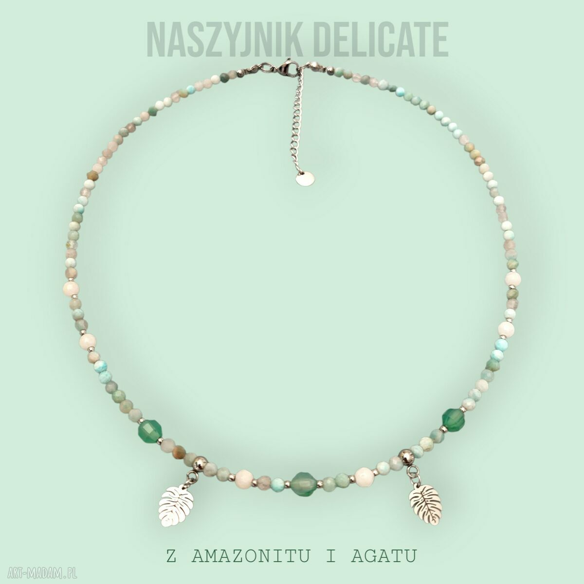 Delikatny naszyjnik amazonit jadeit agaty z listkami monstery