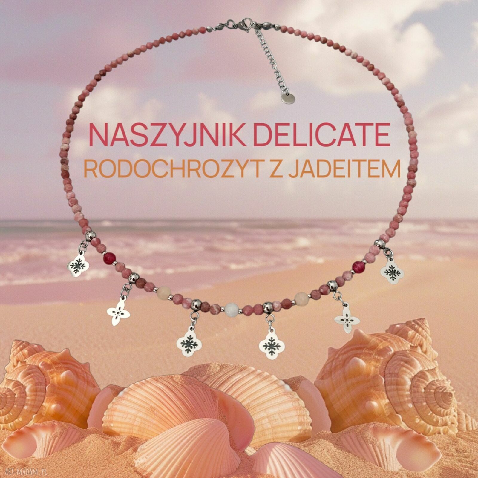 Delikatny naszyjnik rodochrozyt i jadeit z zawieszkami