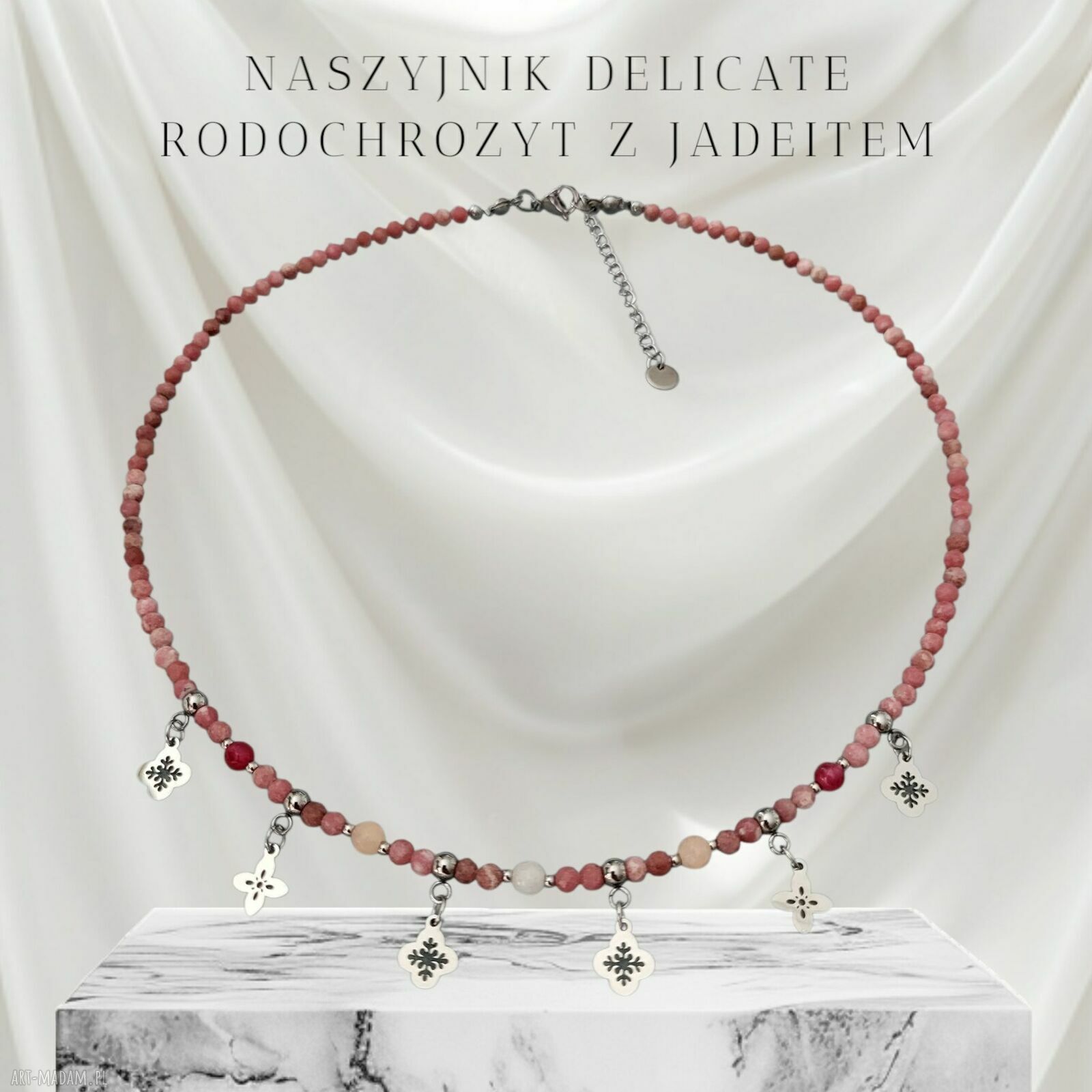 Delikatny naszyjnik rodochrozyt i jadeit z zawieszkami