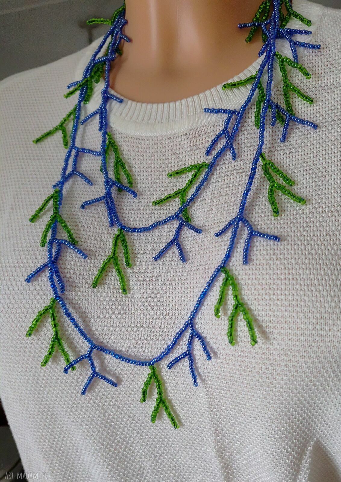 Naszyjnik długi zielono-niebieskie gałązki koralikowe (74 cm)