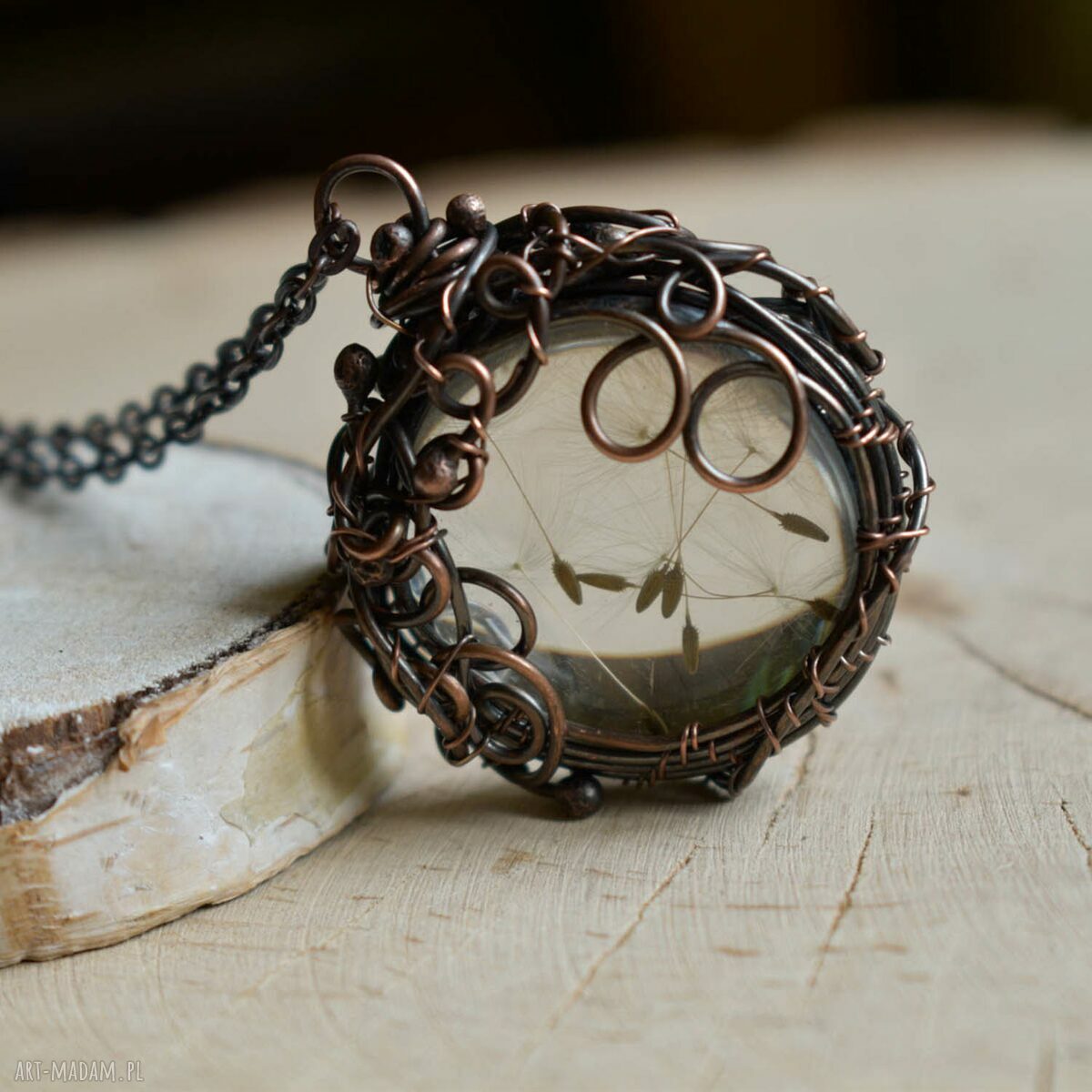 Dmuchawiec - naszyjnik z prawdziwym dmuchawcem w szkle (wire wrapping miedź)