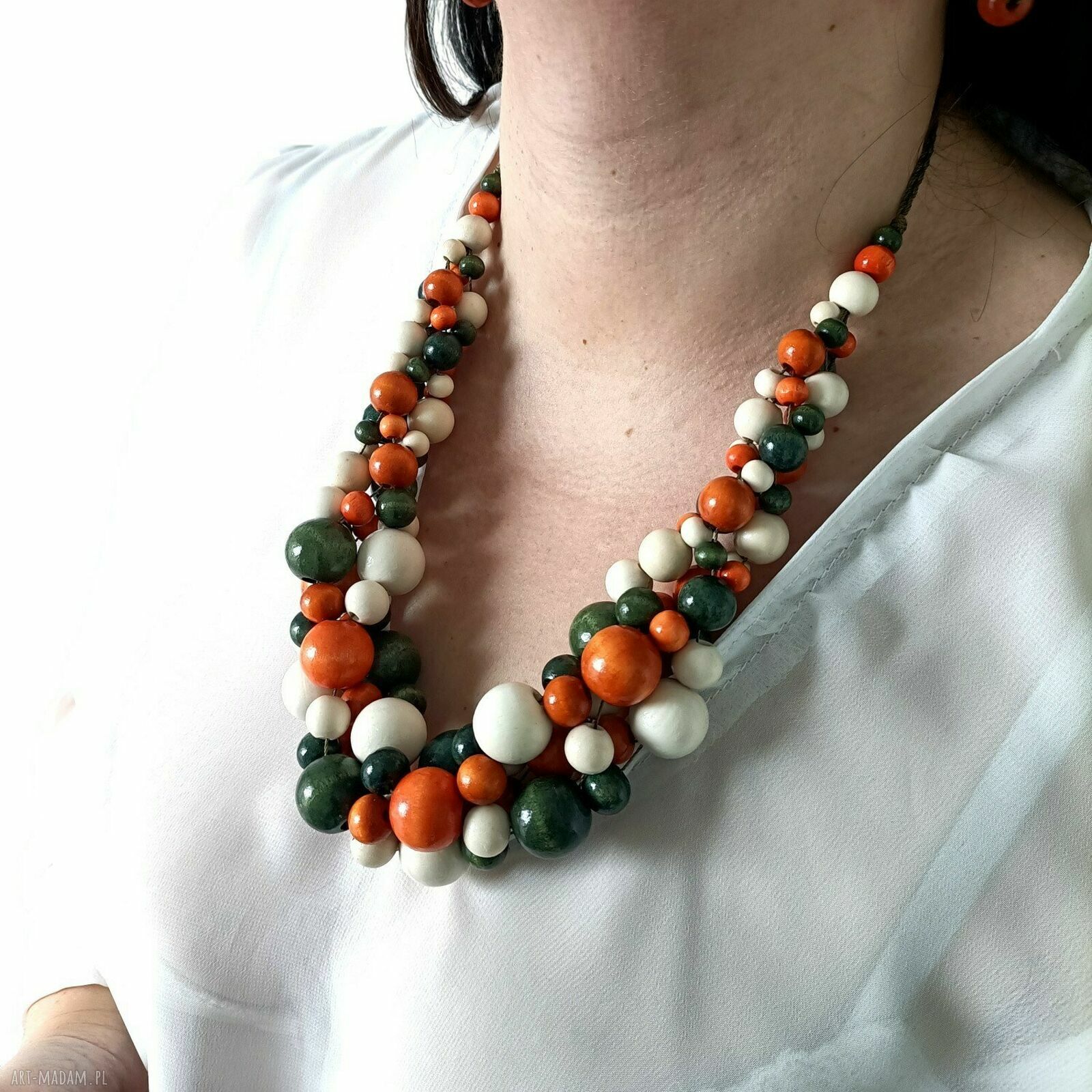 Masywny naszyjnik drewniany boho - pomarańcz, zieleń i krem