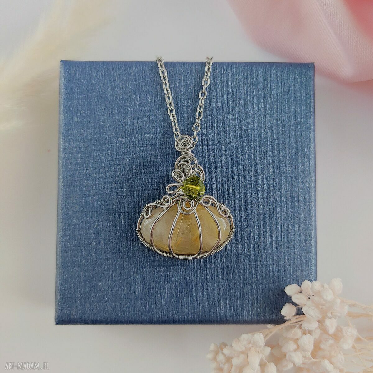 Naszyjnik Dynia z Kwarcem Rutylowym - wire wrapping ze stali chirurgicznej