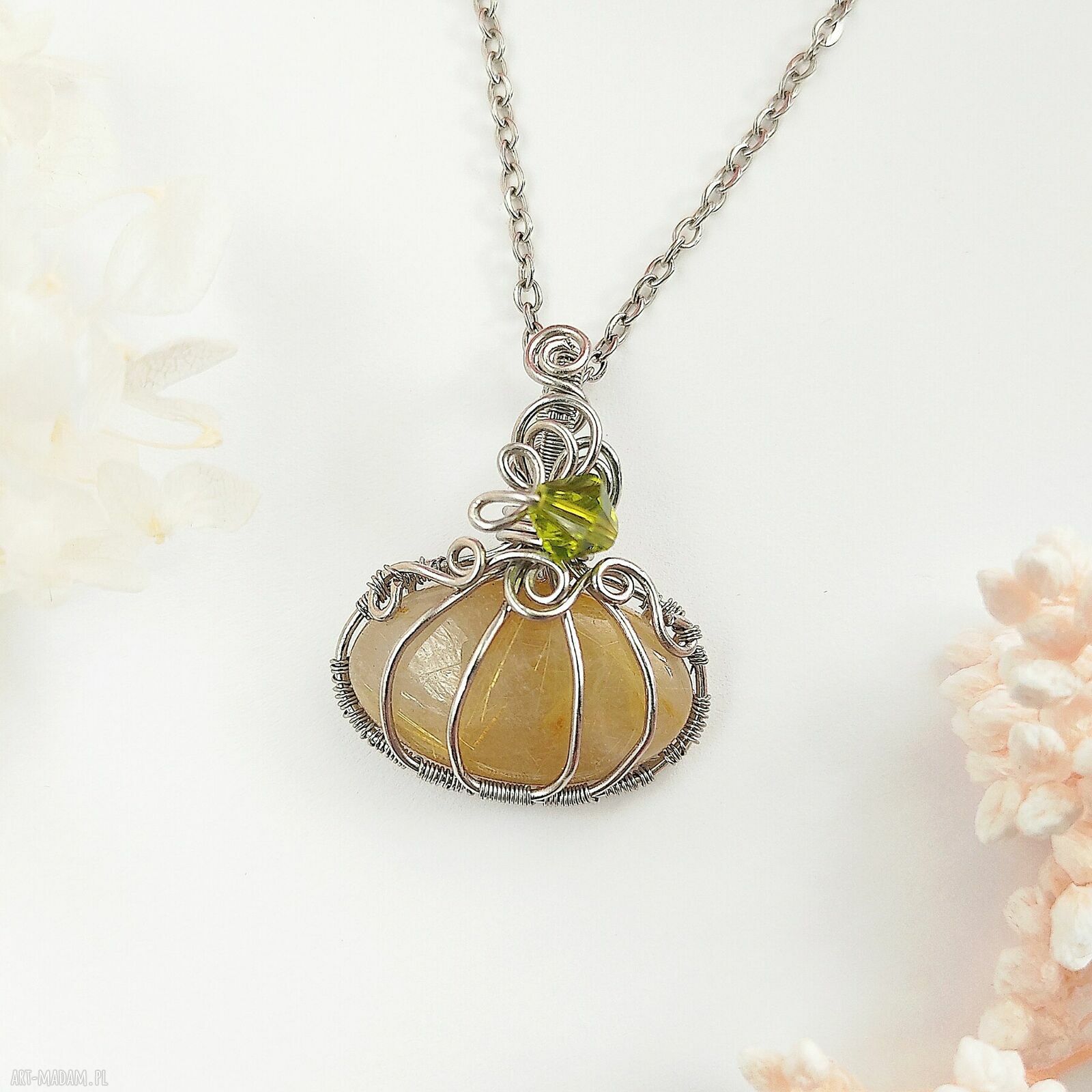 Naszyjnik Dynia z Kwarcem Rutylowym - wire wrapping ze stali chirurgicznej
