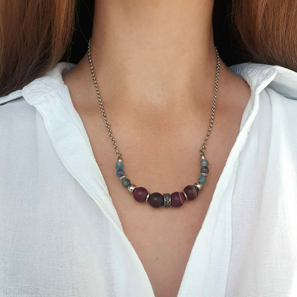 Naszyjnik etno/boho/orient z matowego agatu - bordo i błękit