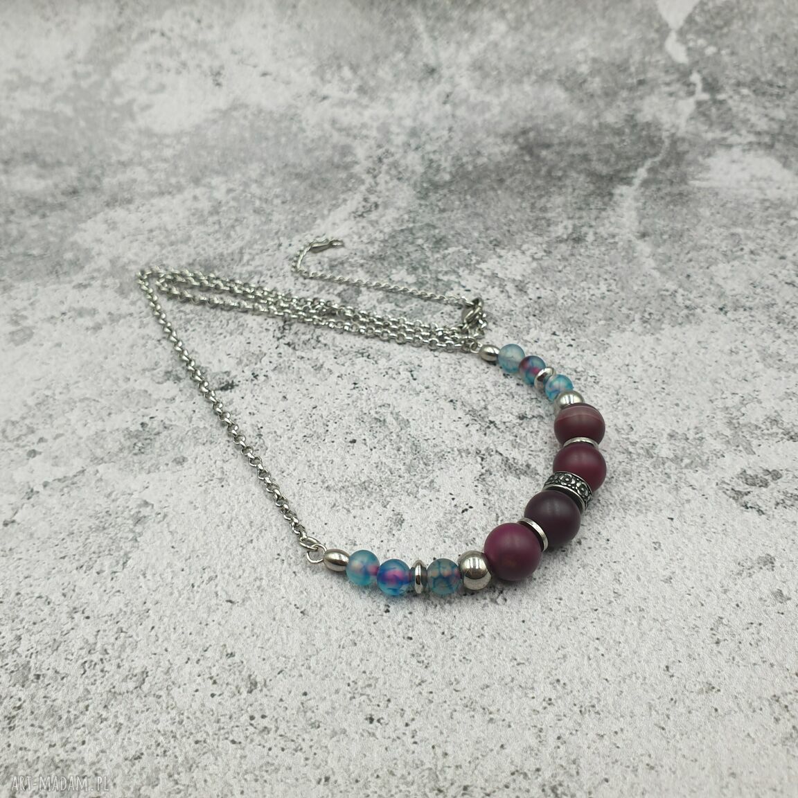 Naszyjnik etno/boho/orient z matowego agatu - bordo i błękit