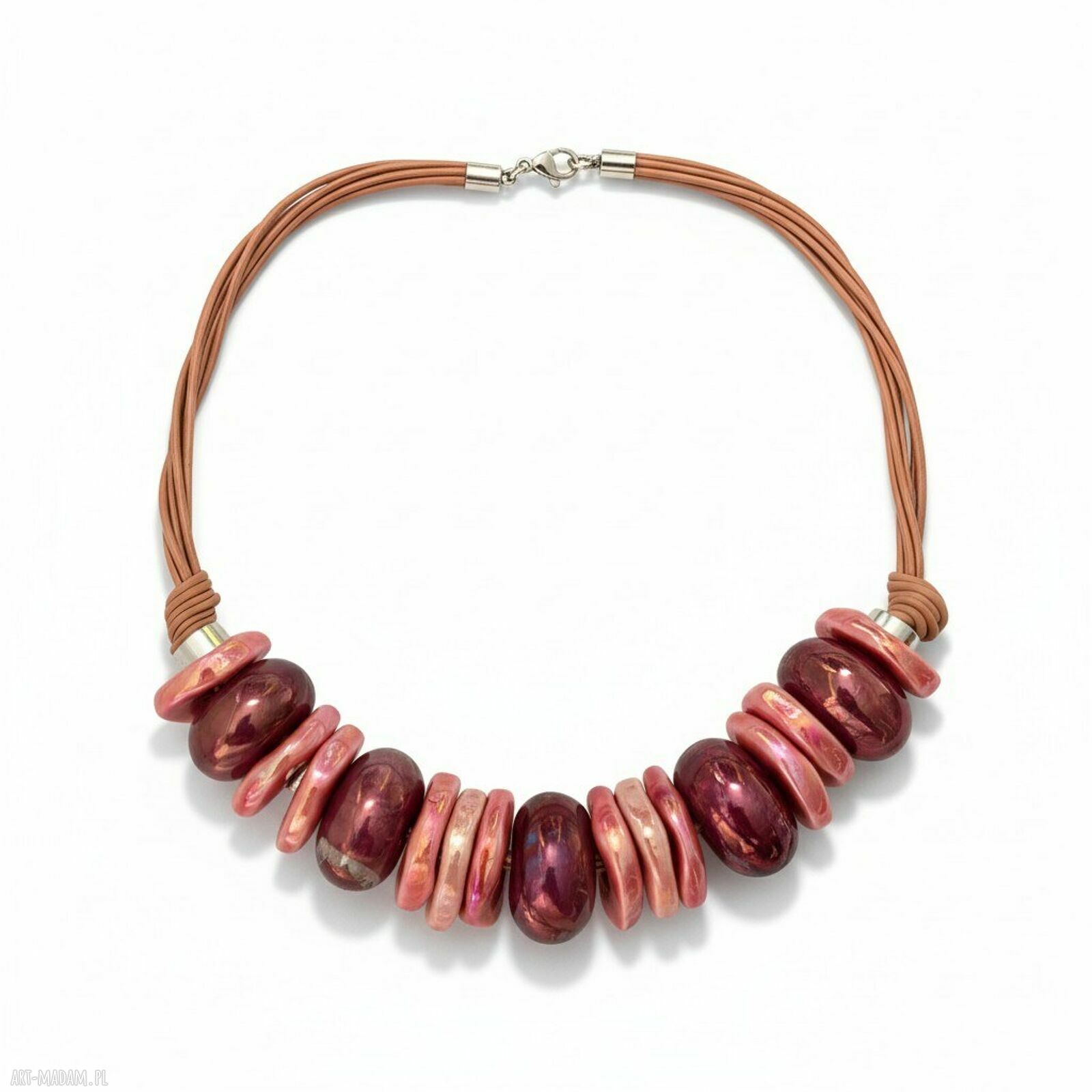 Naszyjnik feboo tala peach i plum z ceramiką na rzemieniach (handmade)