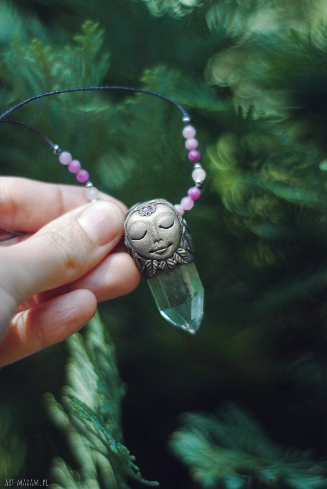 Naszyjnik FOREST SPIRIT z elfem, rubinem i kryształem górskim