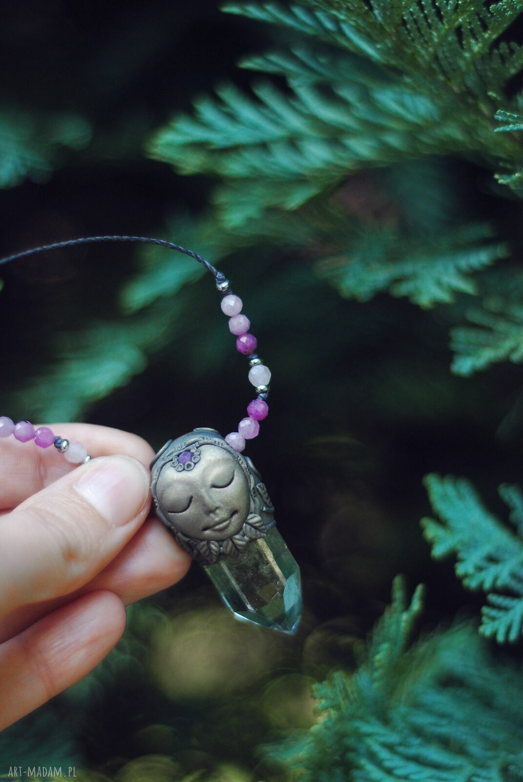 Naszyjnik FOREST SPIRIT z elfem, rubinem i kryształem górskim