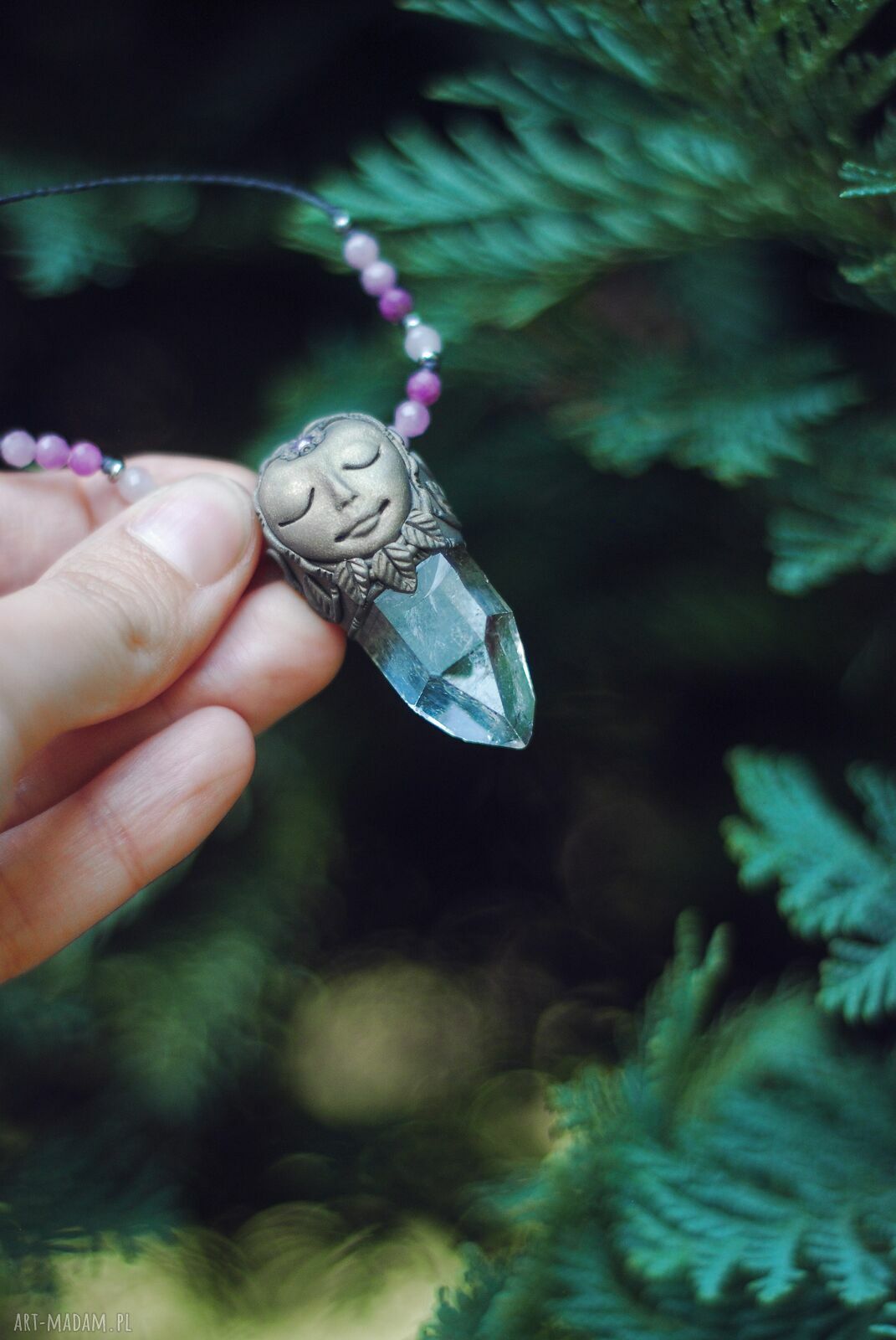 Naszyjnik FOREST SPIRIT z elfem, rubinem i kryształem górskim