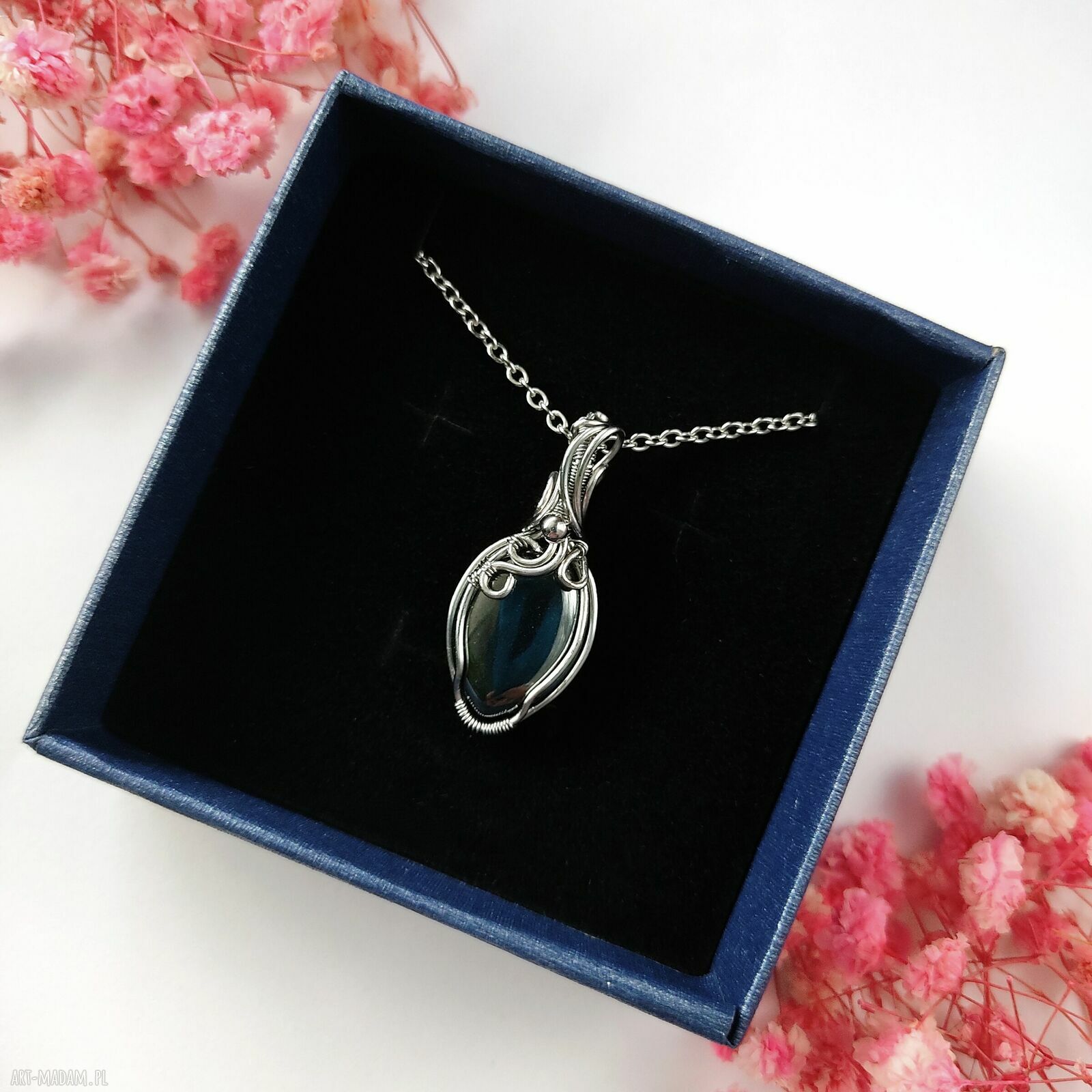 Naszyjnik hematyt ze stali chirurgicznej - ręcznie wykonany wire wrapping