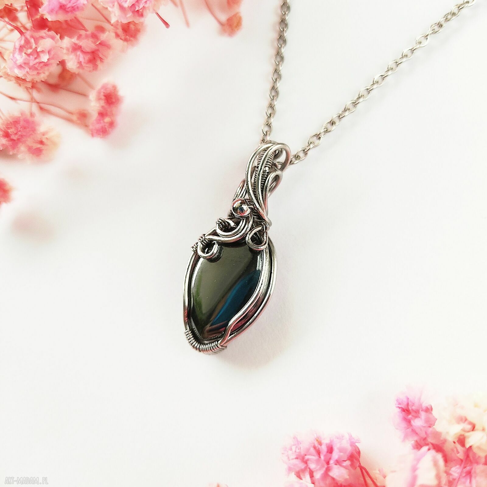 Naszyjnik hematyt ze stali chirurgicznej - ręcznie wykonany wire wrapping