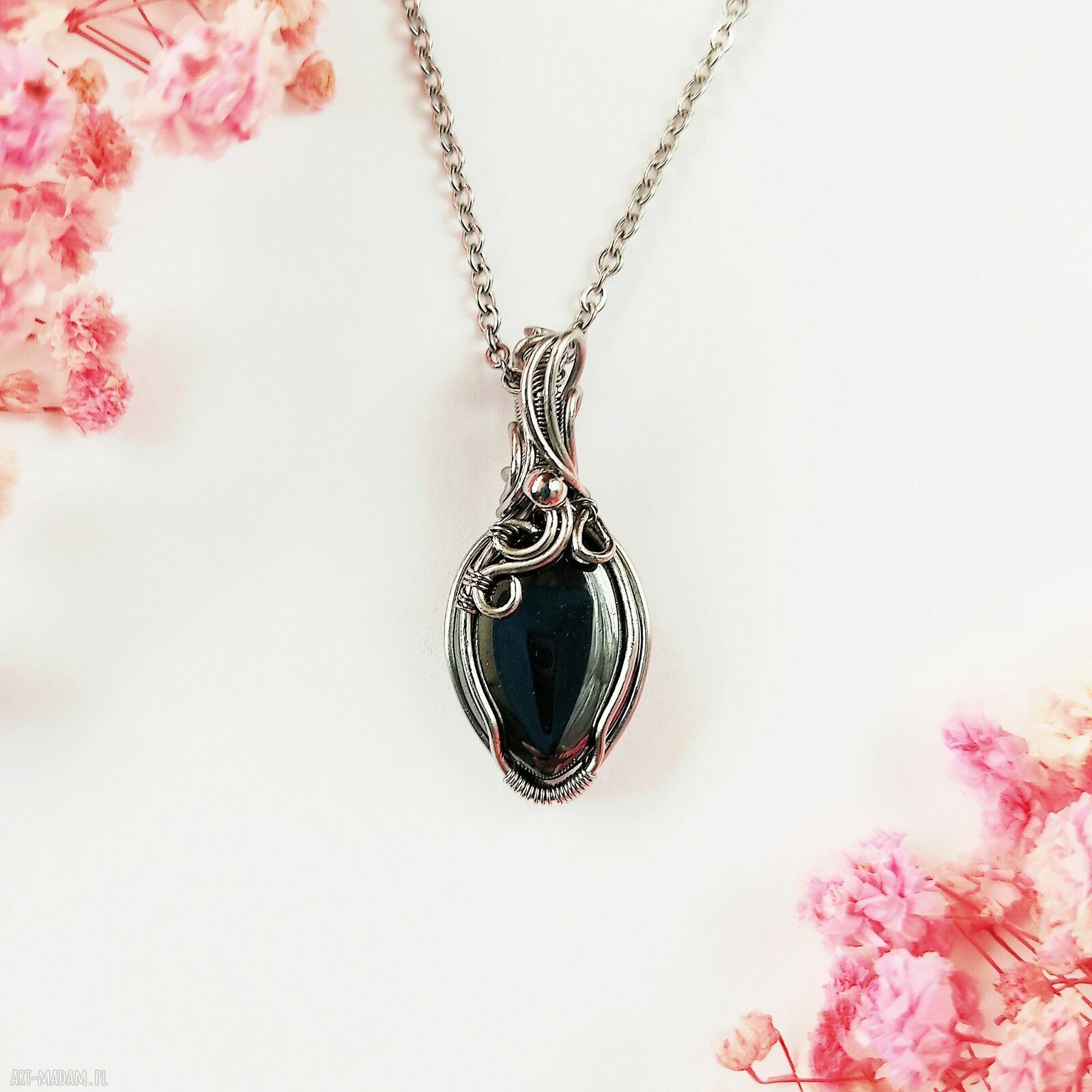 Naszyjnik hematyt ze stali chirurgicznej - ręcznie wykonany wire wrapping