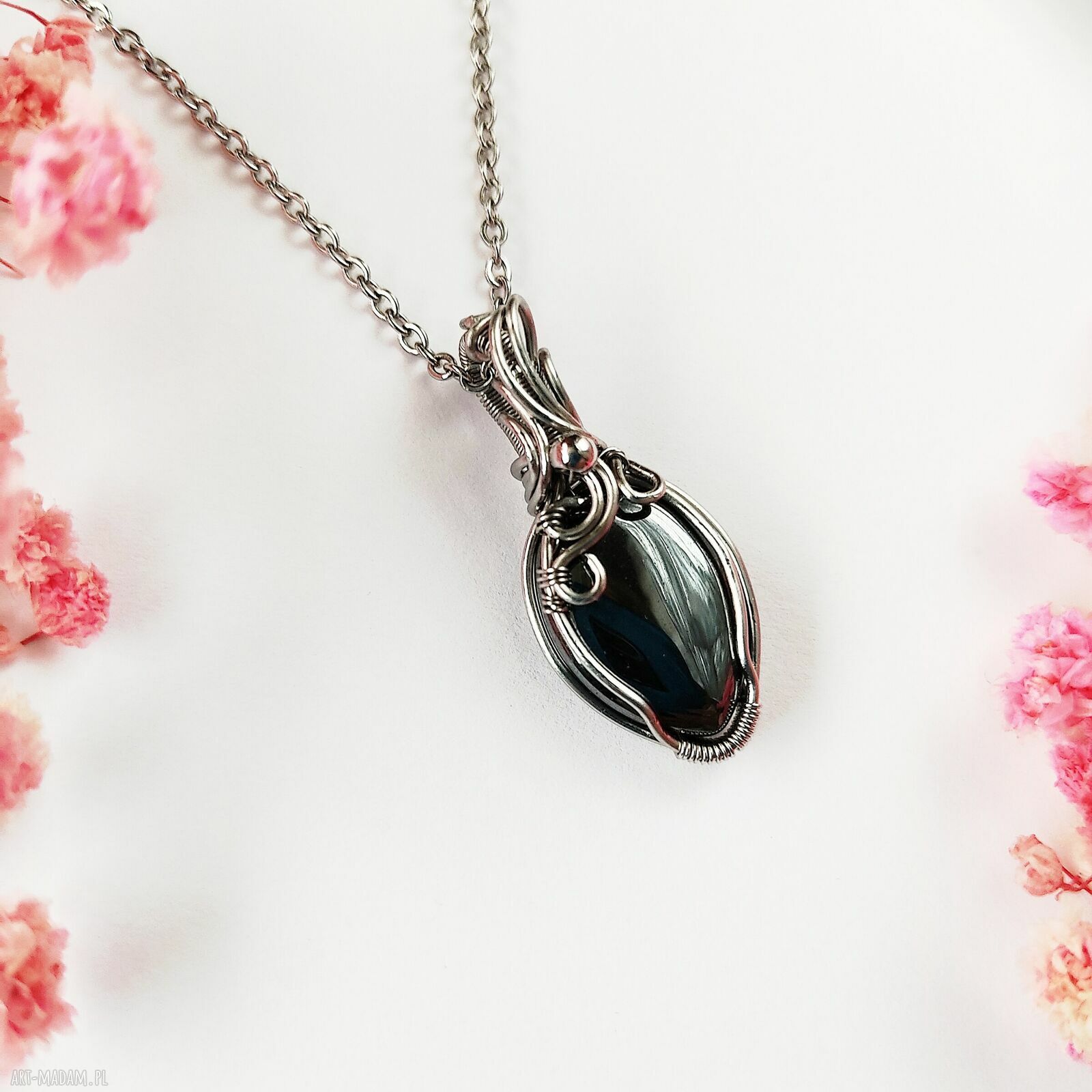 Naszyjnik hematyt ze stali chirurgicznej - ręcznie wykonany wire wrapping