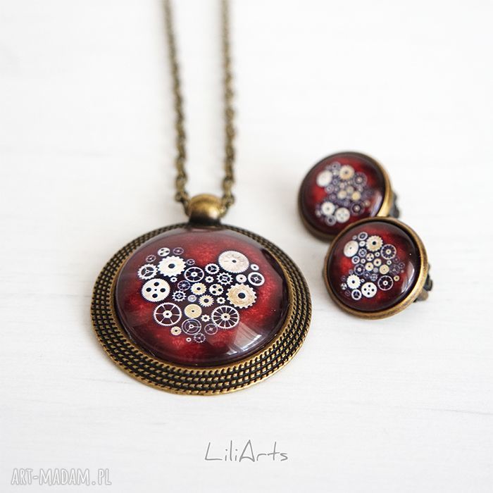 Naszyjnik i klipsy - komplet - Steampunk Heart - antyczny brąz