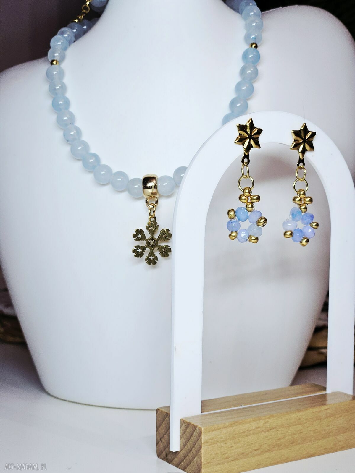 Naszyjnik choker i kolczyki Śnieżynka - akwamaryn i jaspis